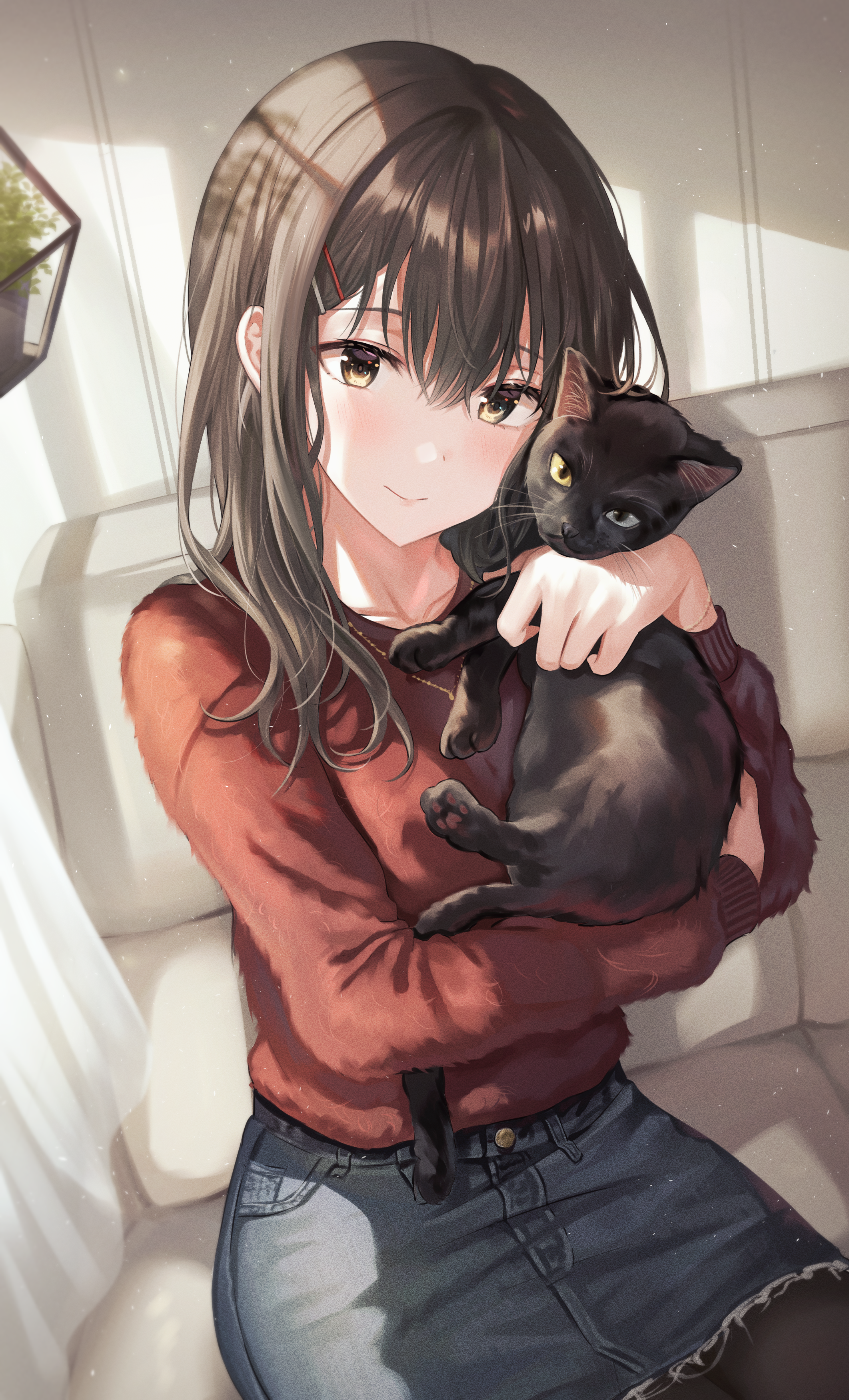 Anime Anime Girls Tokkyu Artista Cats Women With Cat Smiling Brunette Brown Eyes Sweater Jean Skirt 2123x3500
