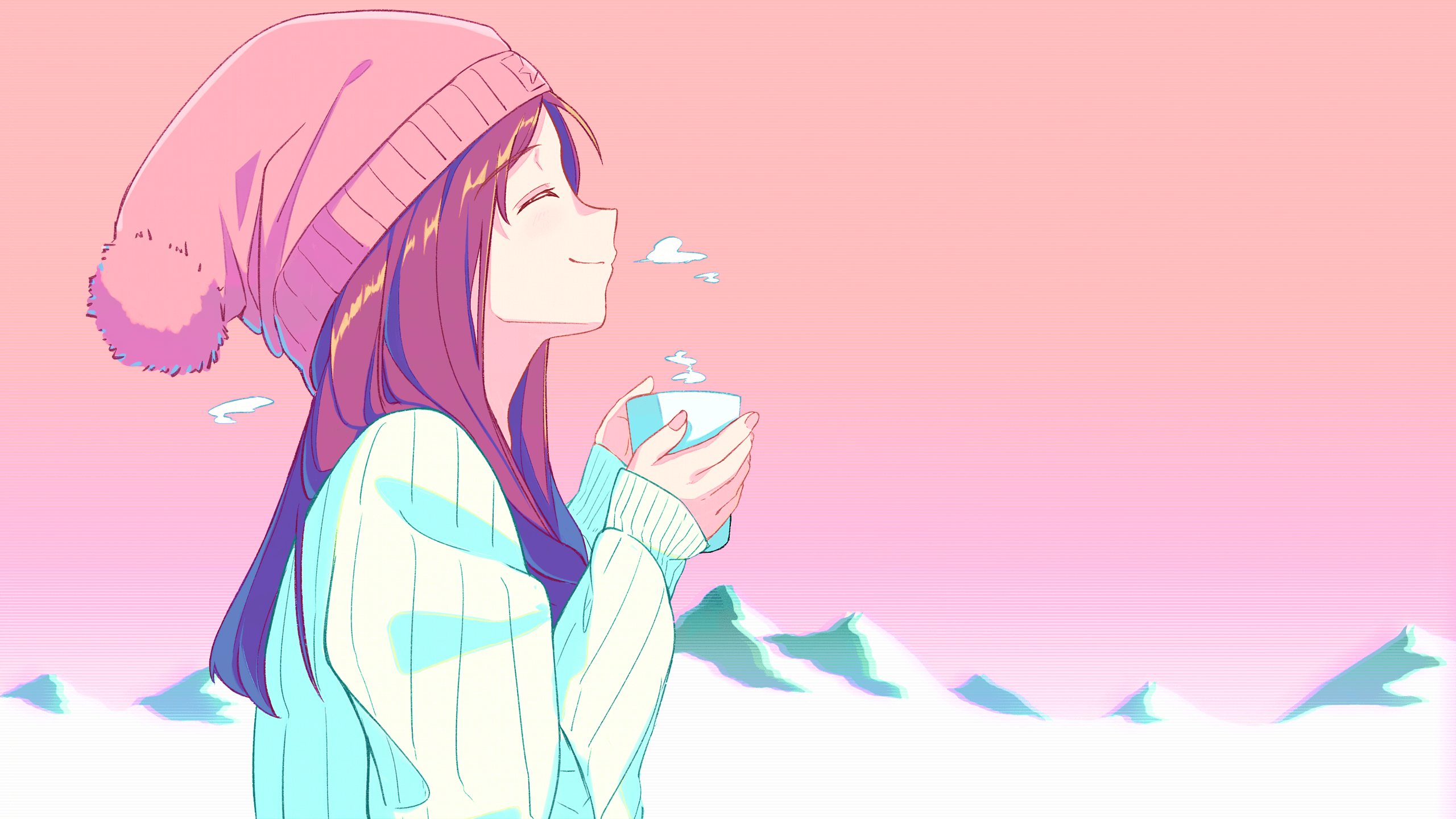 Tea Anime Girls Pink Background Drinking Sweater Hat Smiling Cup 2560x1440
