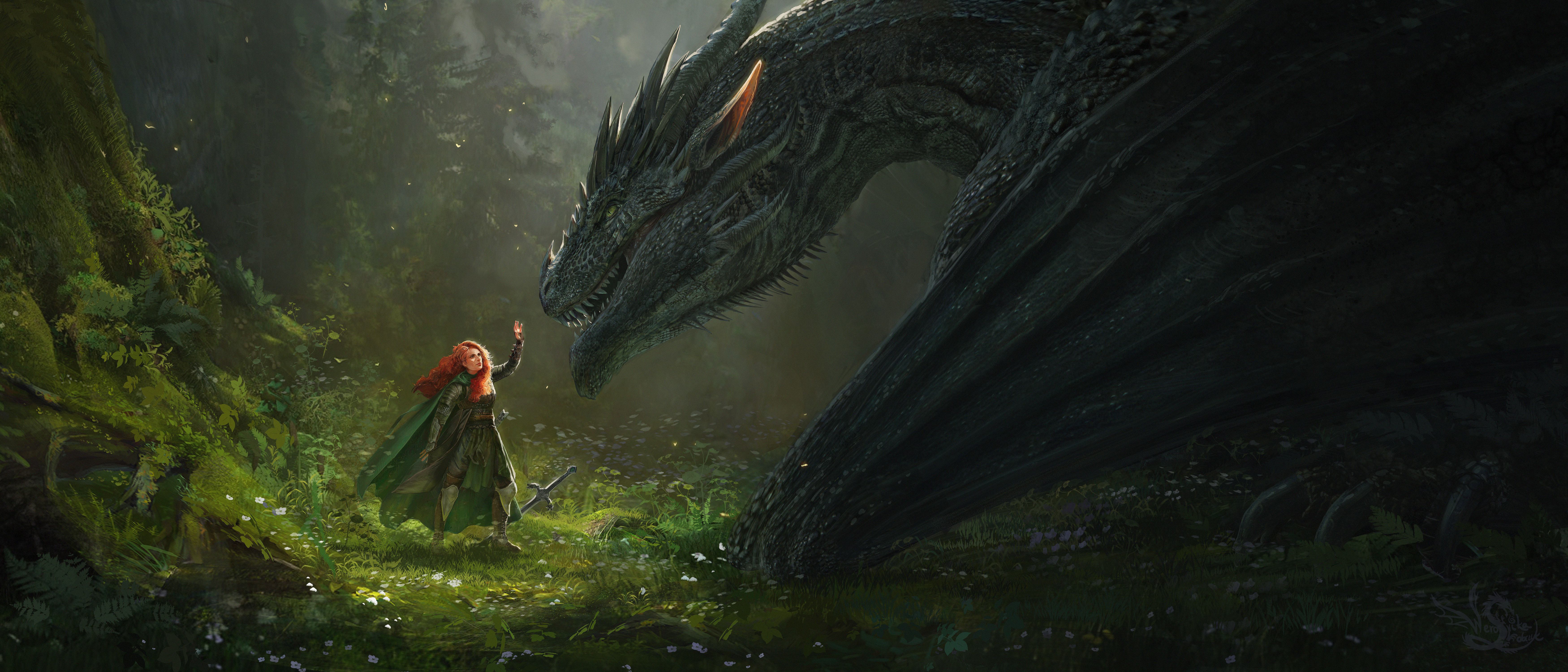 Artwork Fantasy Art Women Redhead Dragon Creature Fantasy Girl 7000x3000