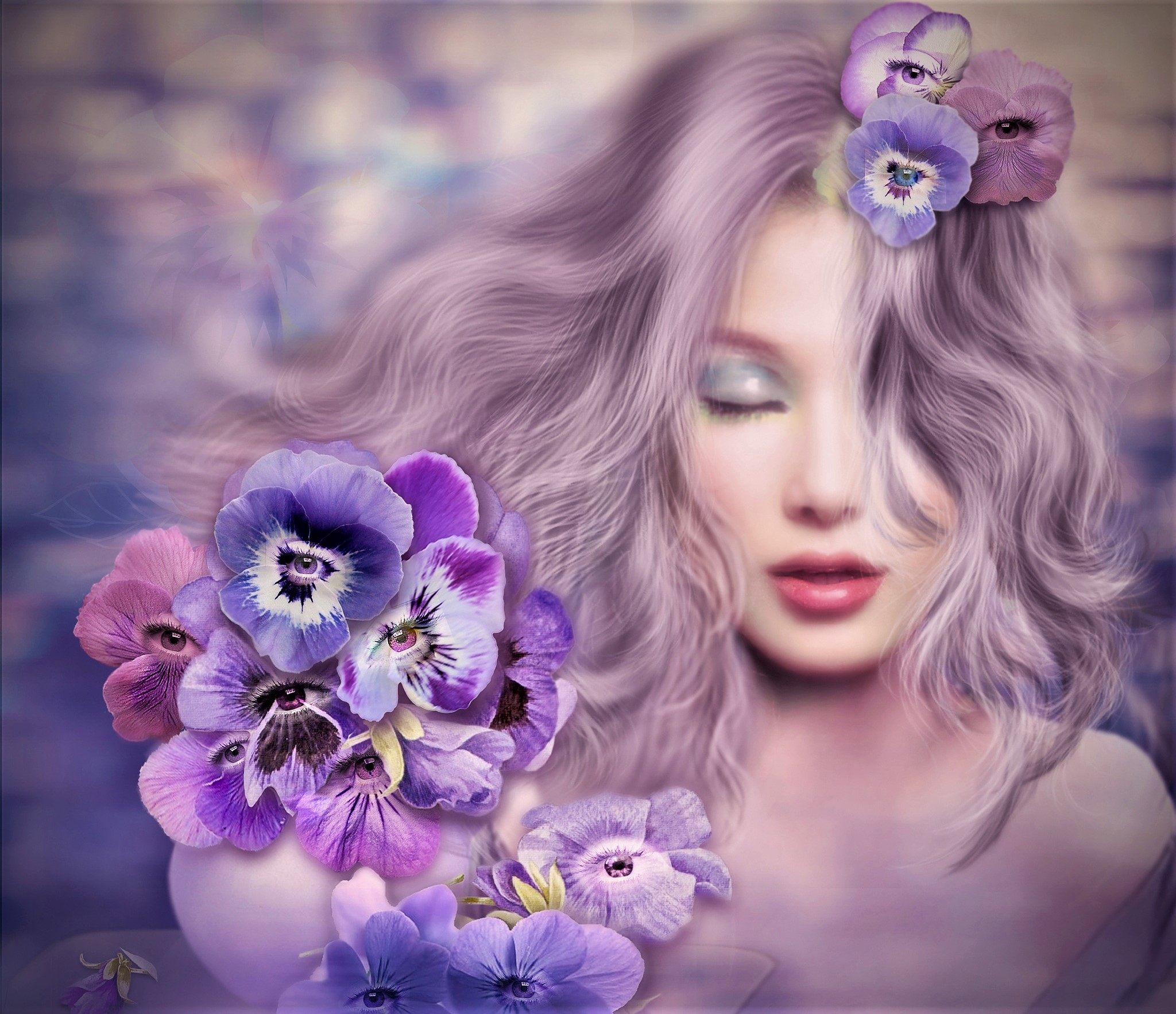 Eye Fantasy Flower Girl Pansy Purple Woman 2048x1766