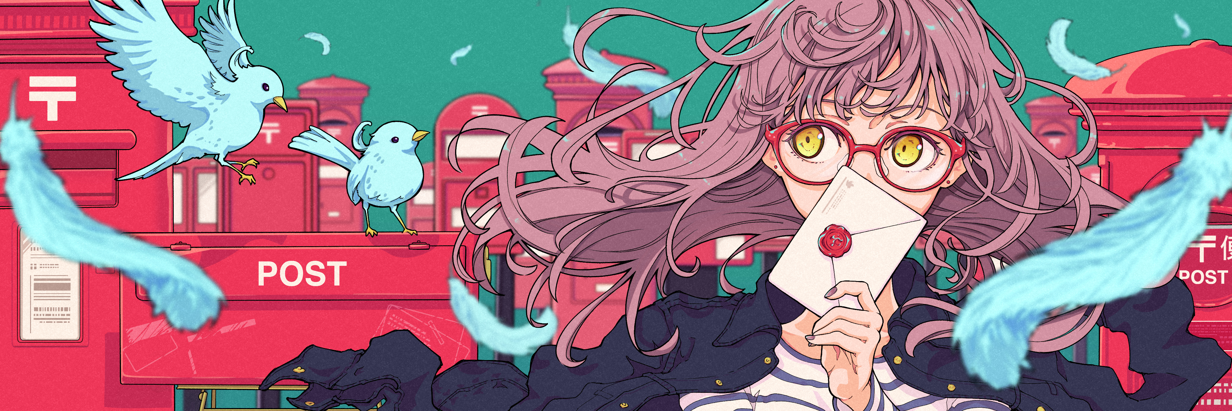 Anime Anime Girls Long Hair Glasses Yellow Eyes Birds Feathers Pink Hair Looking Away Letter Black N 4134x1379