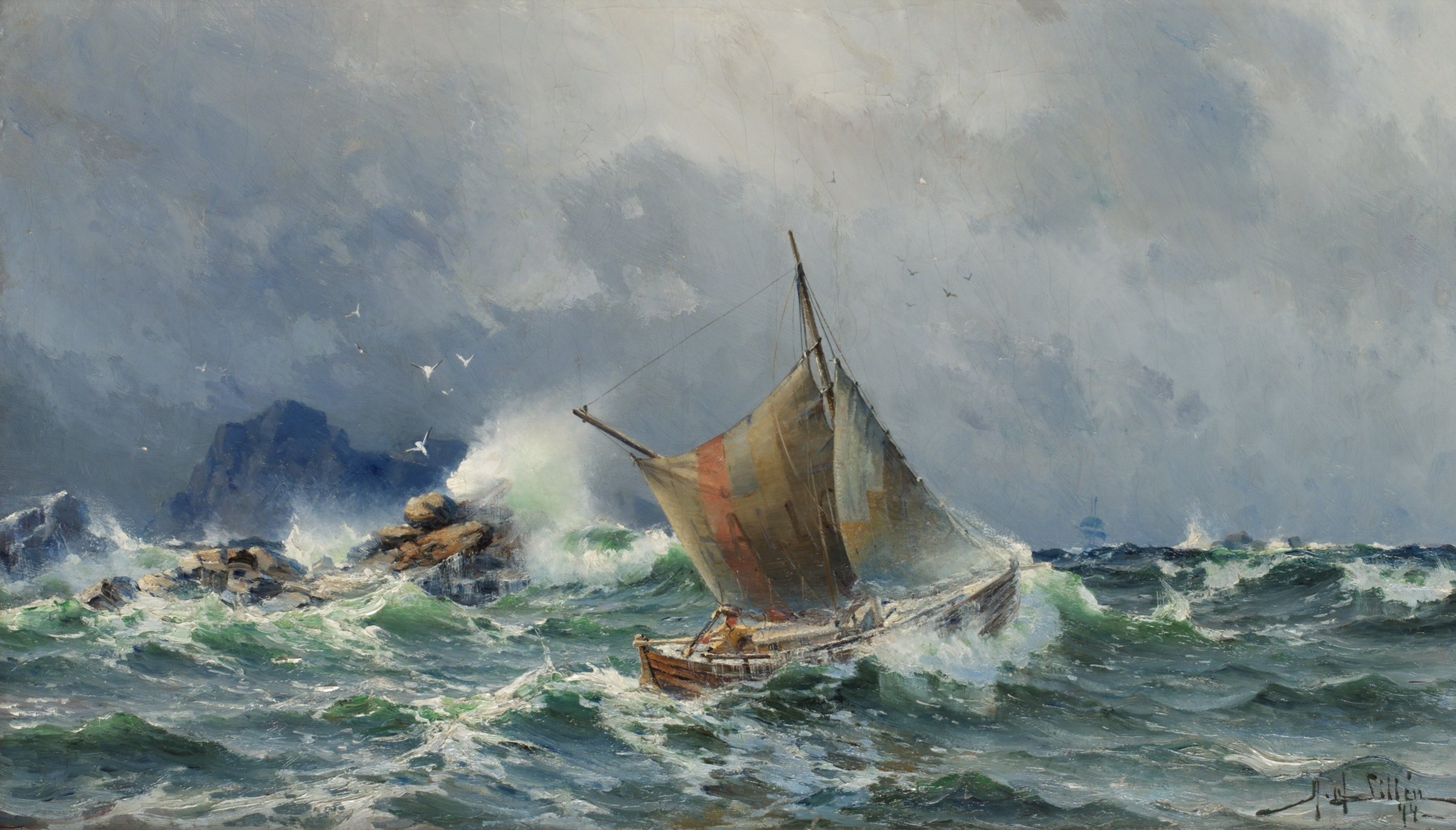 Herman Gustav Sillen Artwork Painting Classic Art Sea Boat Vehicle Storm Waves 2954x1684