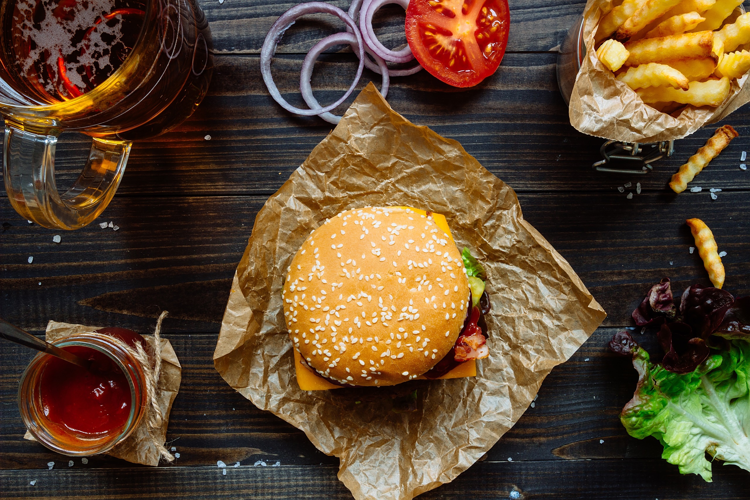 Food Fries Burgers Onions Tomatoes Salad 2560x1707