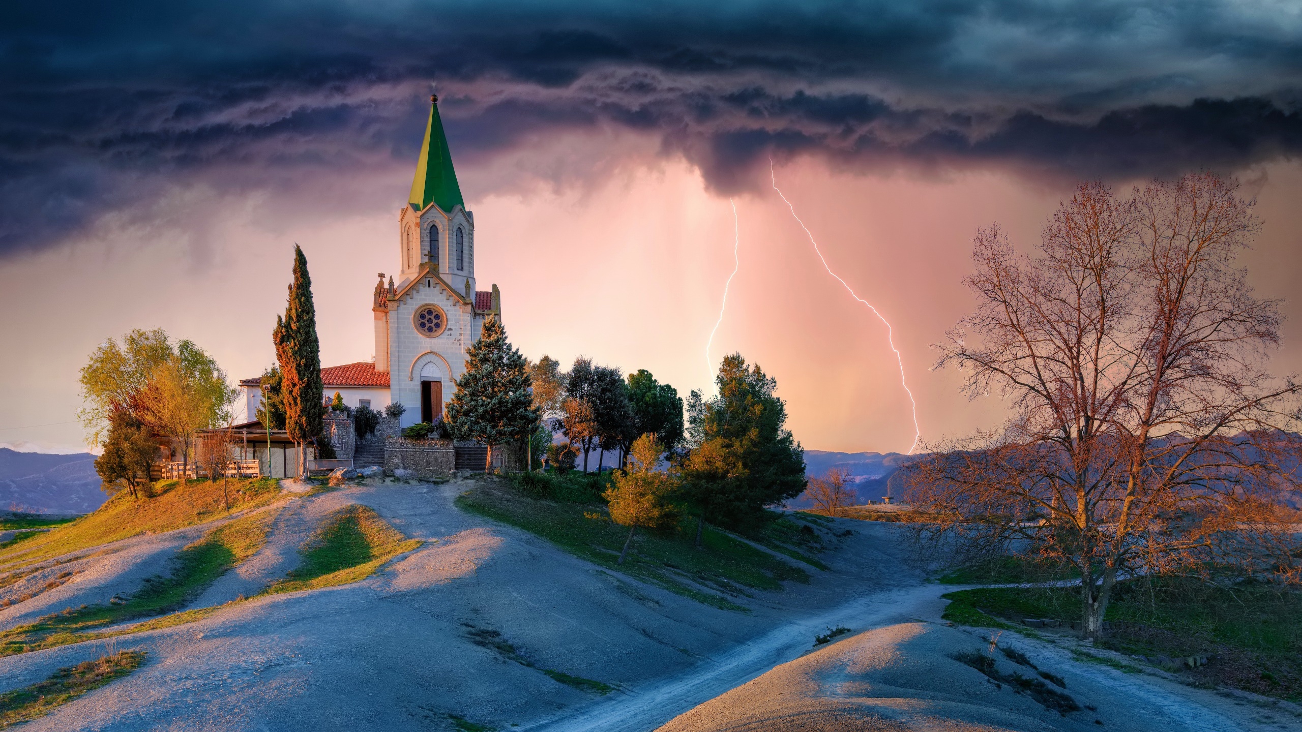 Spain Church Building Sky Lightning Outdoors 2560x1440