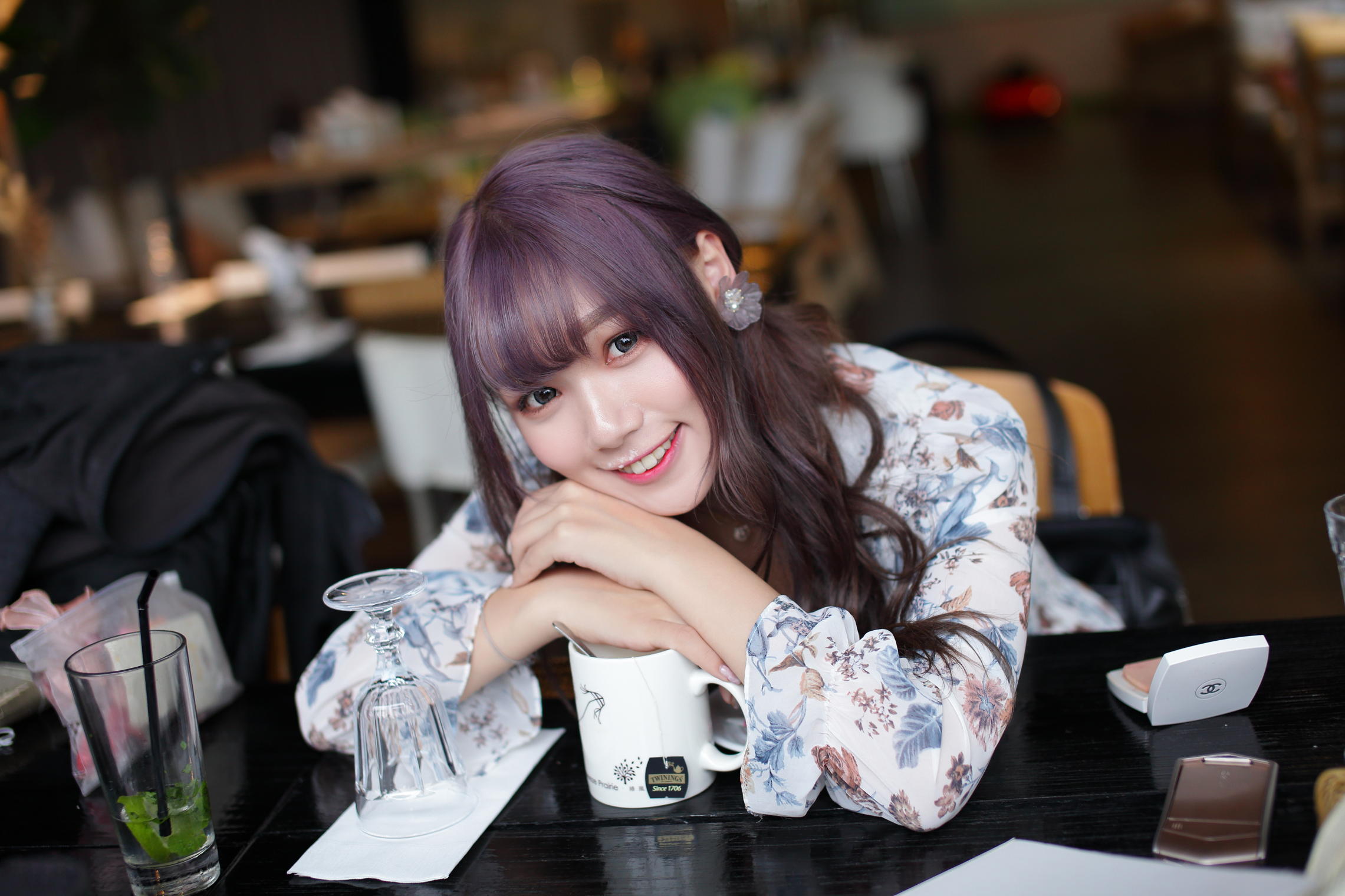 Asian Model Women Long Hair Dark Hair Dyed Hair Cup Blouse Earring Table Leaning Sitting Depth Of Fi 2281x1520