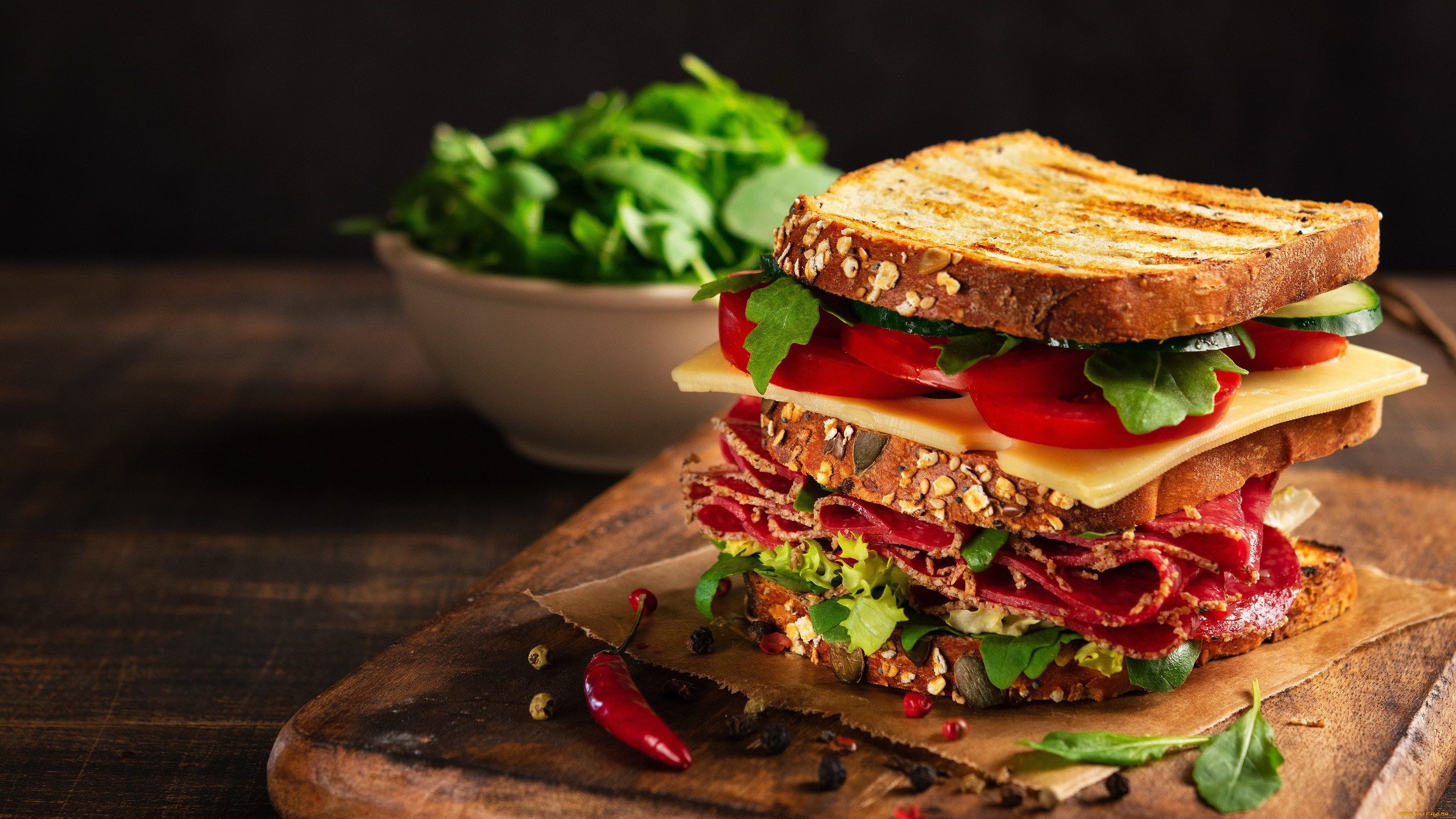 Food Salad Sandwich Vegetables Bread Sausage Cheese Pepper 2560x1440