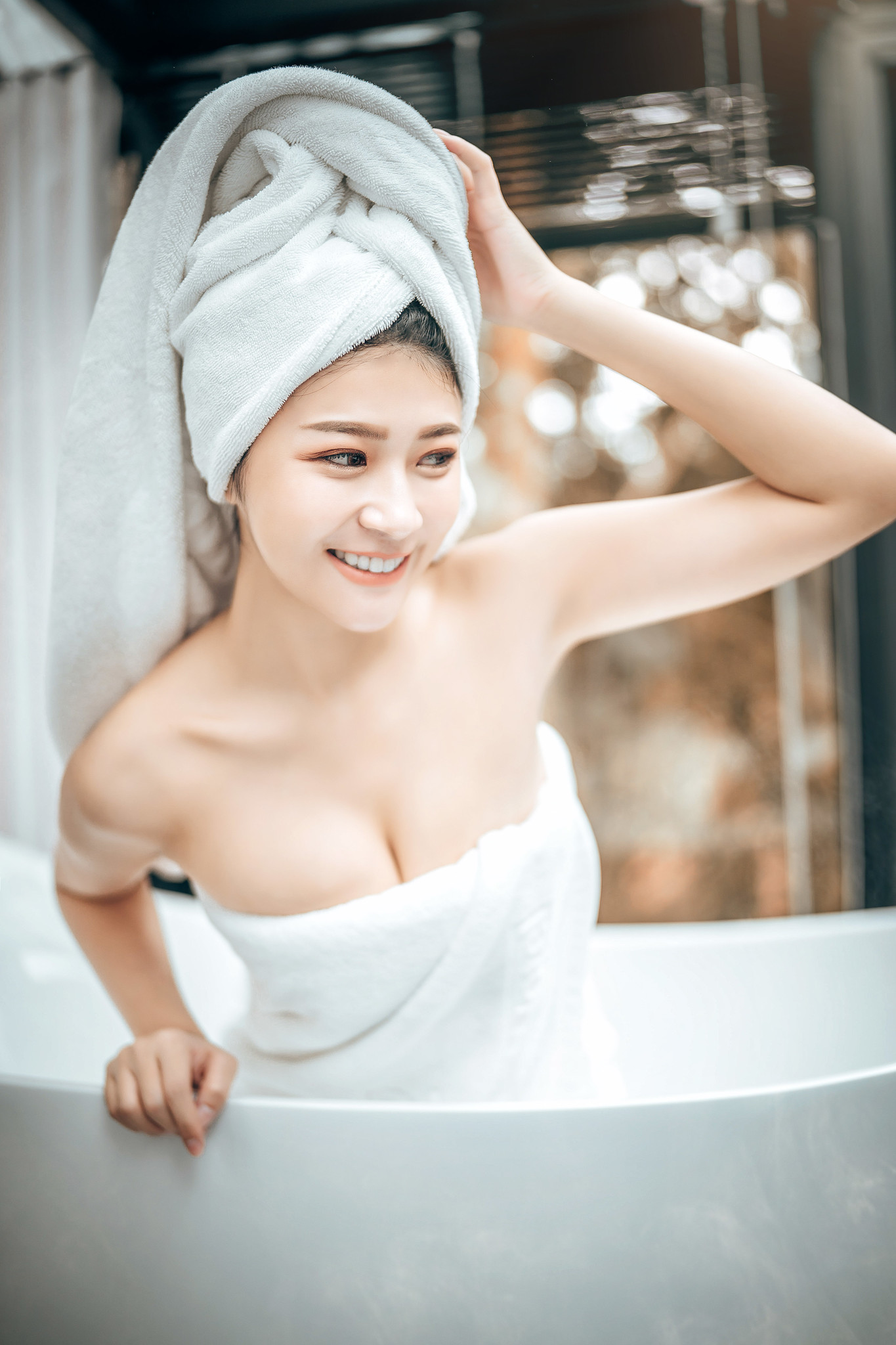Asian Women Model Smiling Women Indoors Indoors Towel Sexy Funk Pig 1365x2048