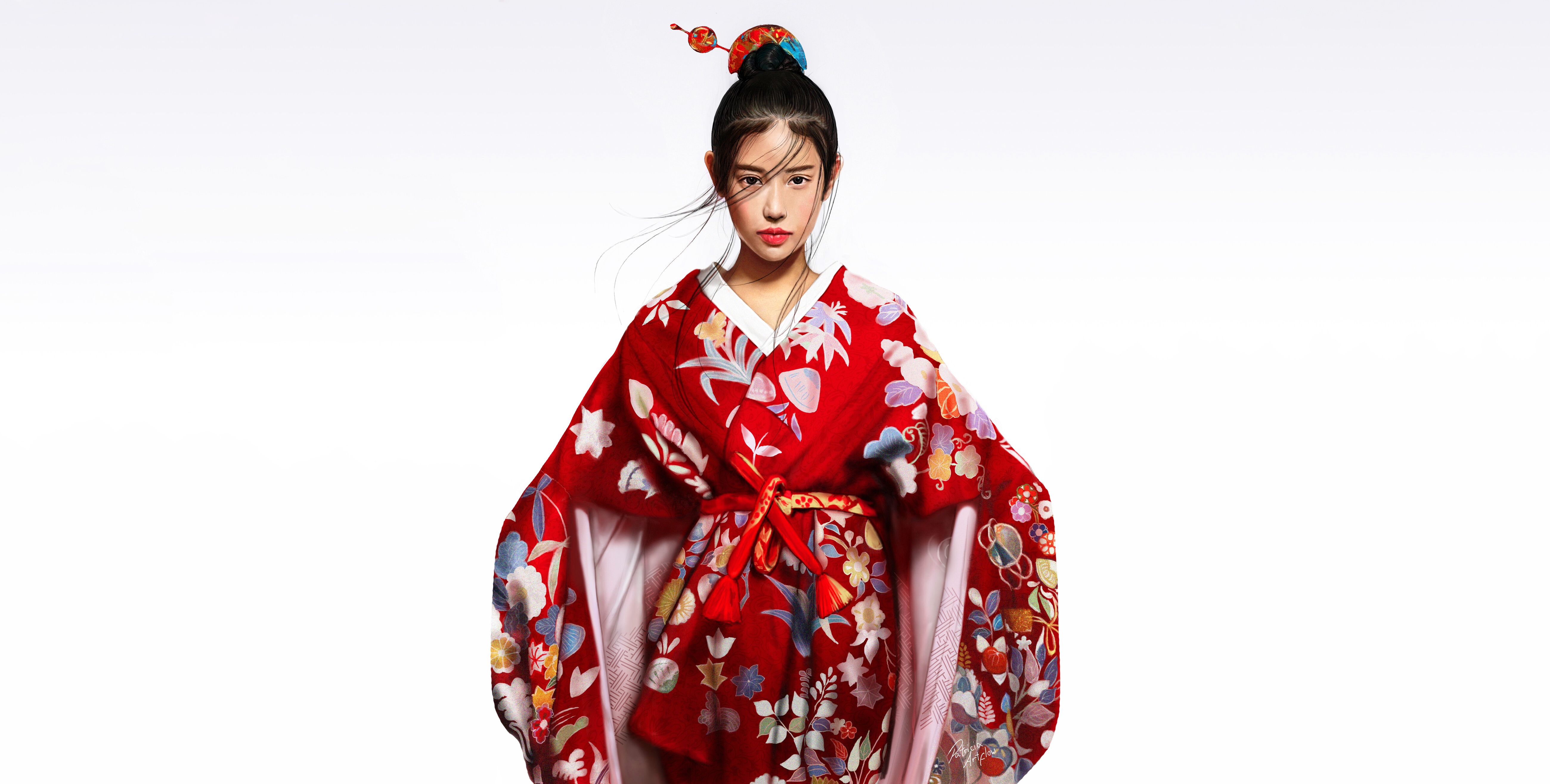 Asian Black Hair Girl Kimono Lipstick 5200x2630