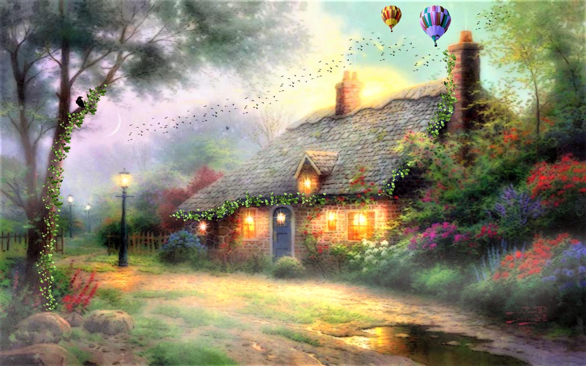 Fairy Fantasy Flower Hot Air Balloon House Tree 1920x1200