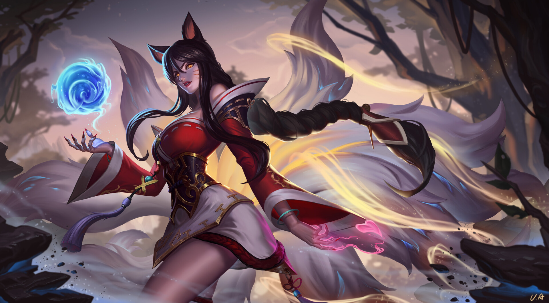 Unstable Anomaly Drawing League Of Legends Women Ahri Fox Girl Magician Spell Orb Dress Long Hair Lo 1920x1059