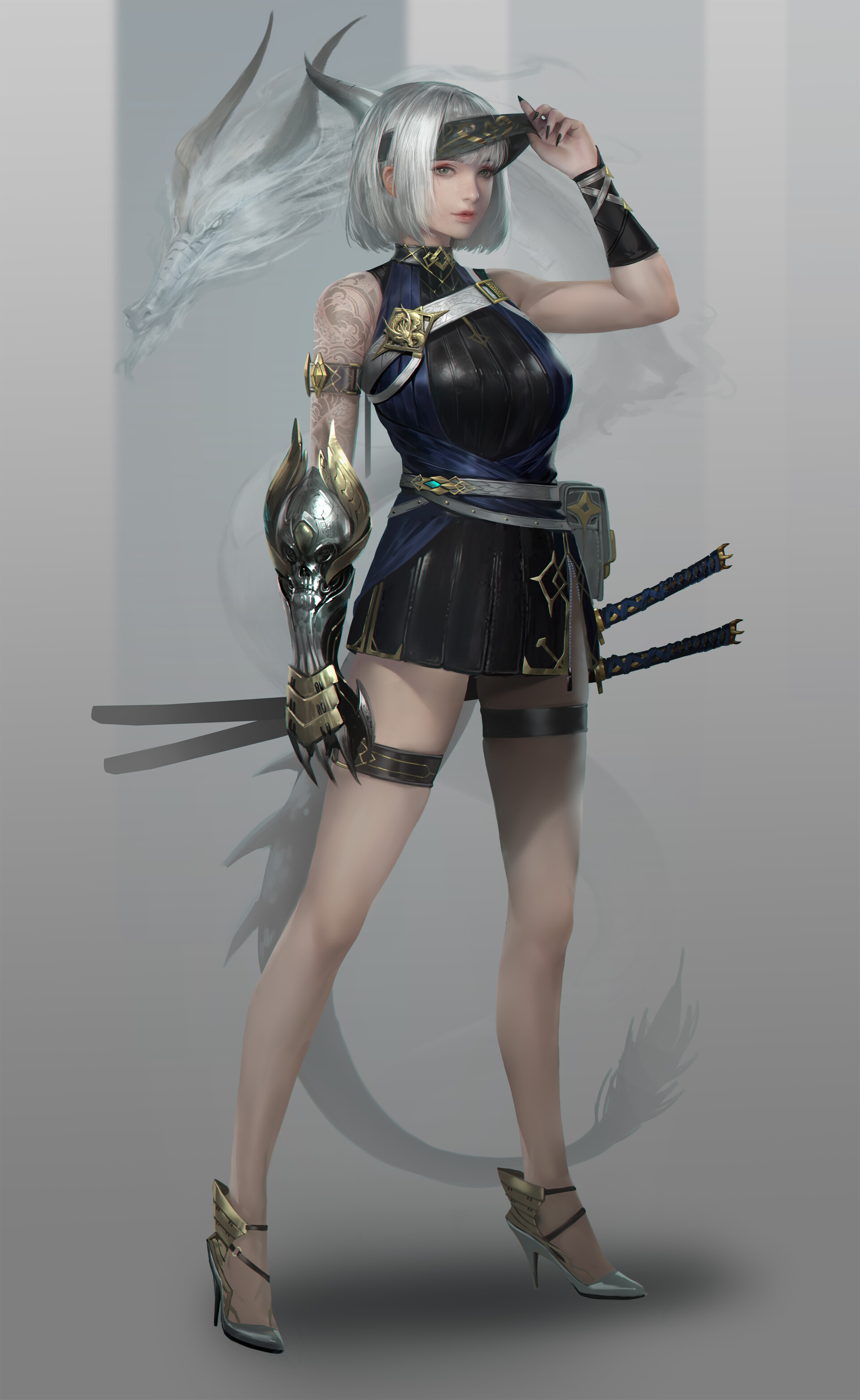 San Mufan Drawing Women Warrior Silver Hair Short Hair Headband Armor Weapon Sword Katana Dragon 1920x3125