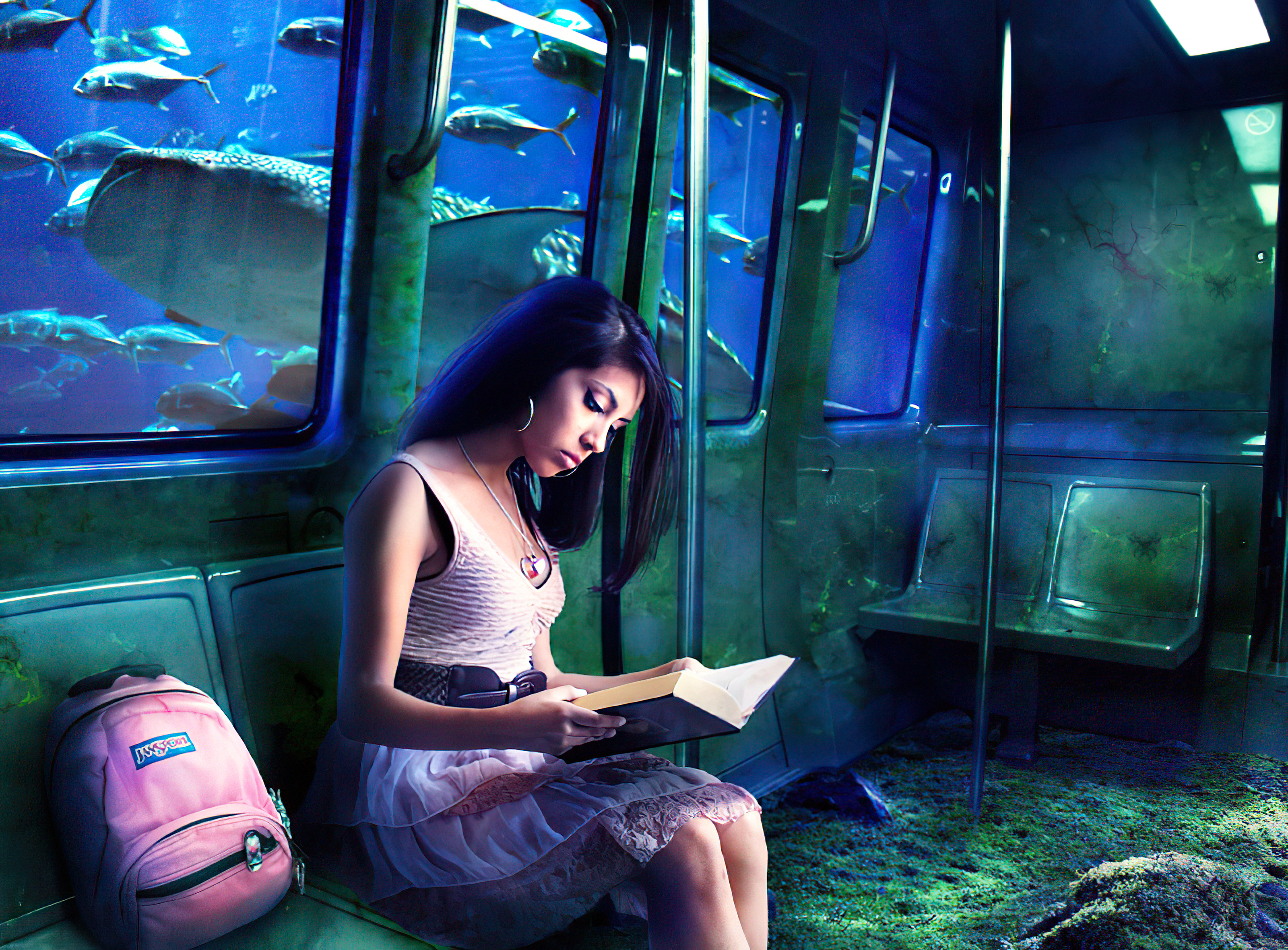 Bag Book Fish Reading Underwater Woman 3200x2360