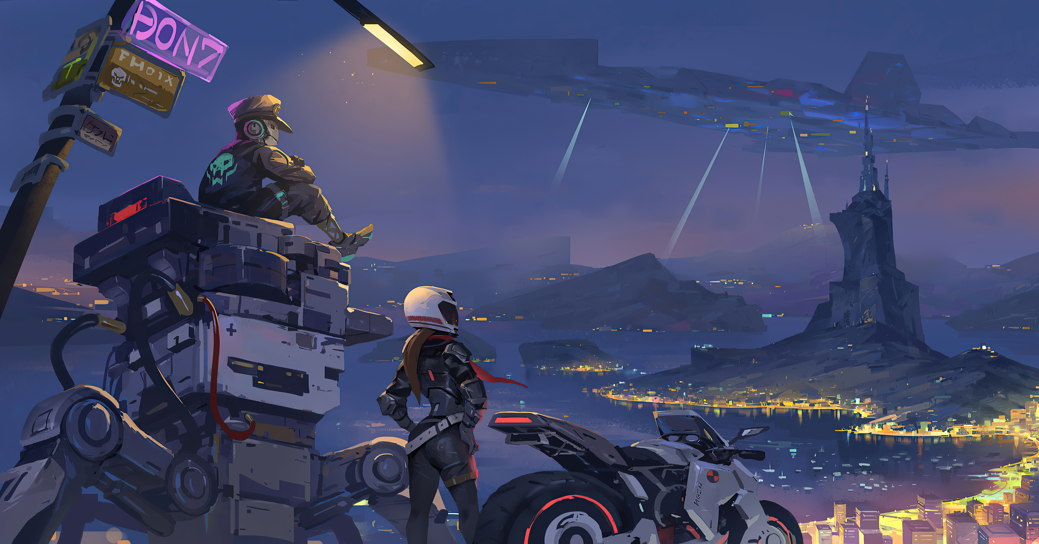 City Futuristic Girl Man Motorcycle Robot 4400x2304