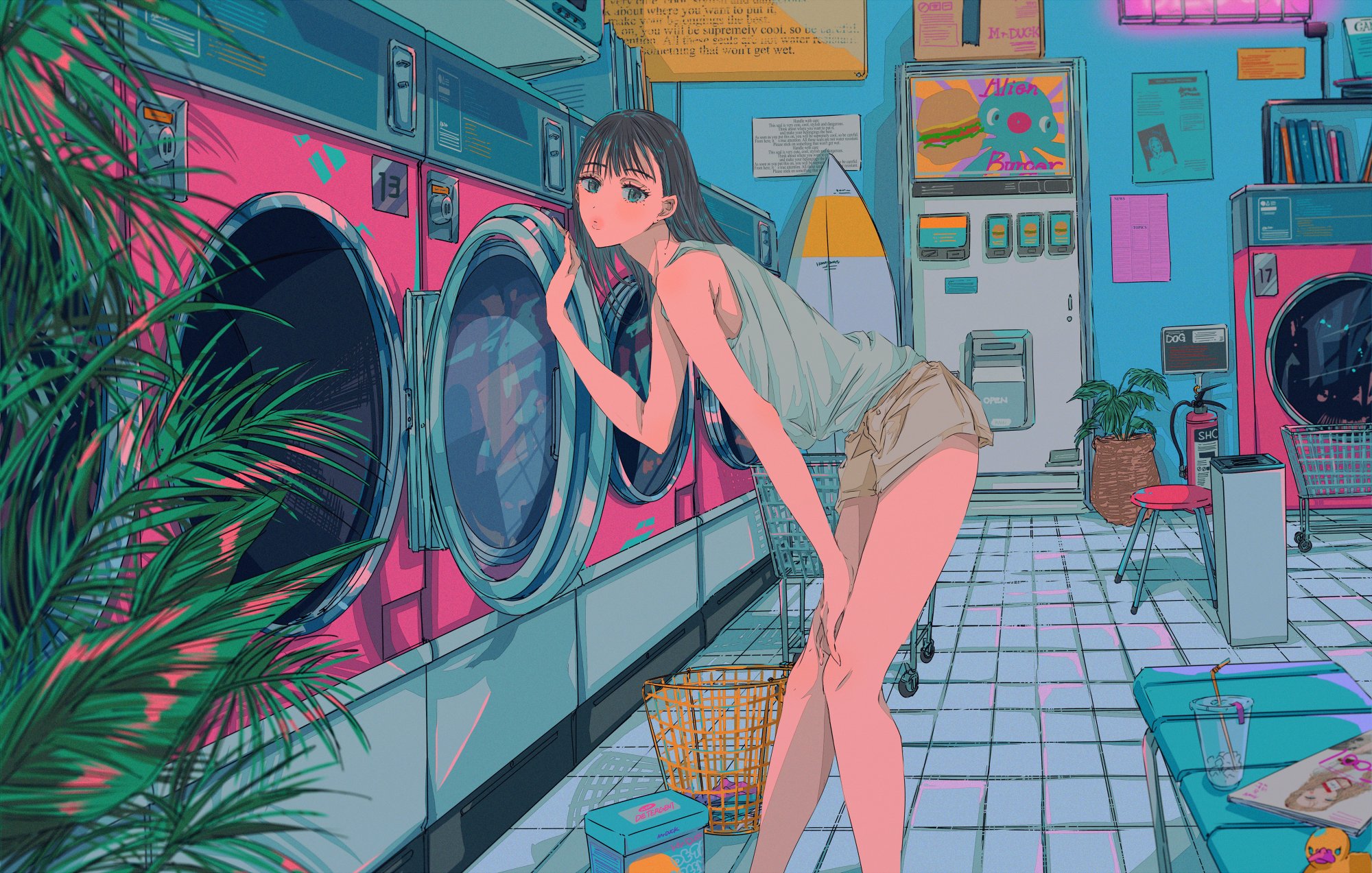 Anime Anime Girls Najuco Original Characters Laundry 2D Short Hair Black Hair Pink Lipstick Tank Top 2000x1273