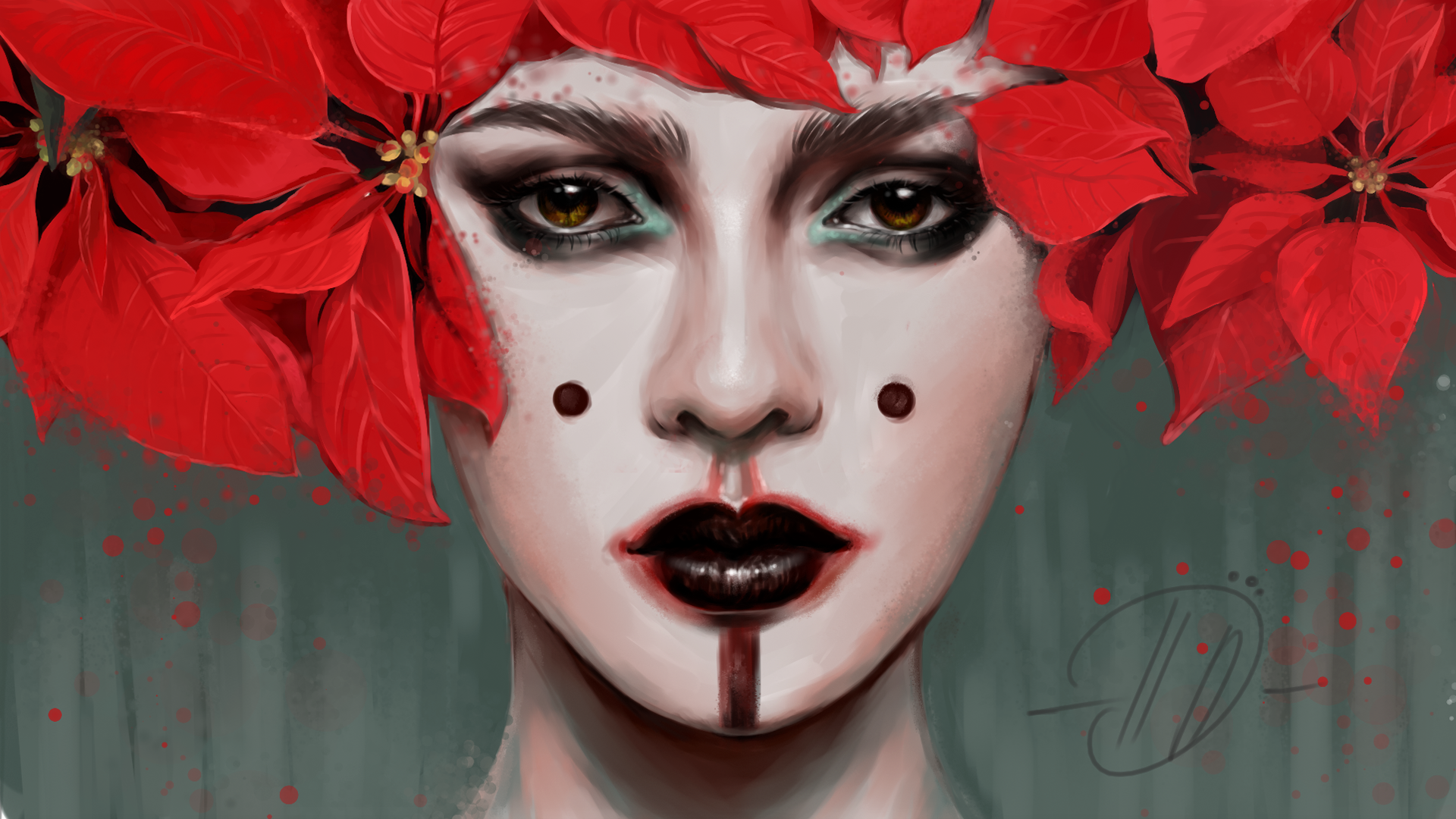Artistic Face Girl Leaf Lipstick Poinsettia Woman 1920x1080