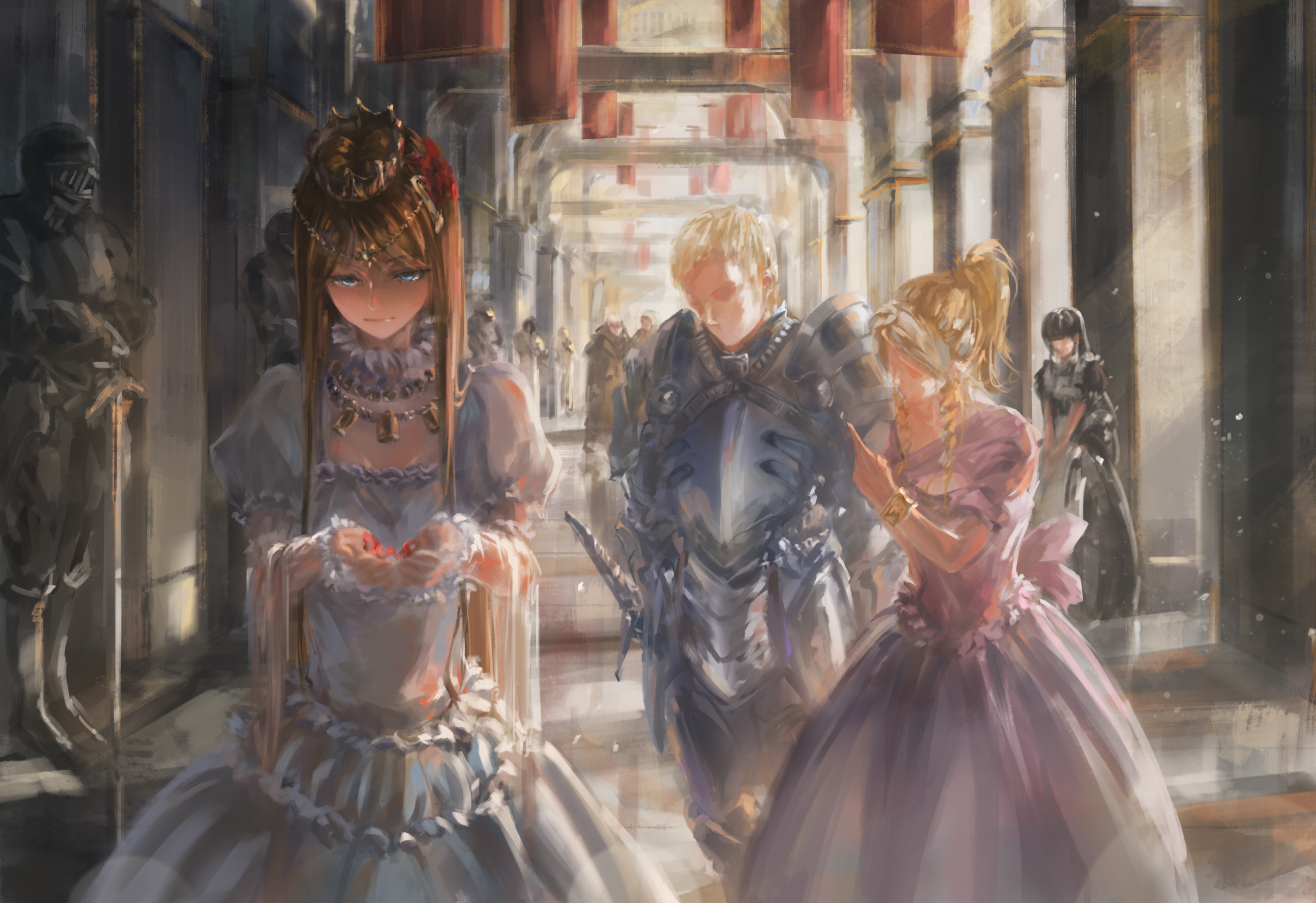Overlord Anime Palace Fantasy Armor Maid Pink Dress White Dress Princess Crown Blue Eyes Jewelry Red 2420x1660