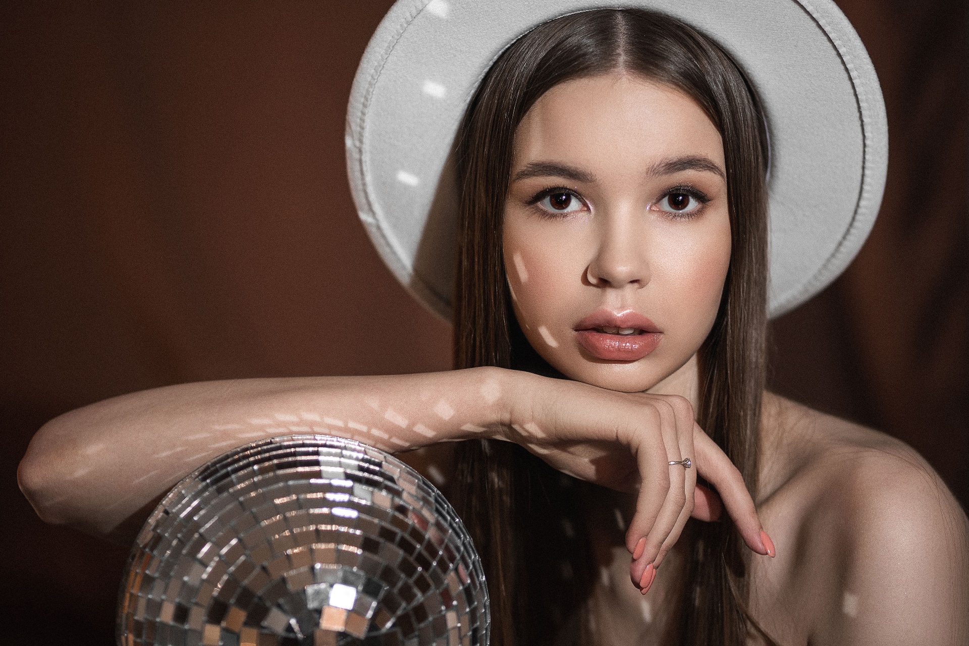 Women Model Studio Face Makeup Brunette Hat Women With Hats Looking At Viewer Disco Balls Lipstick W 1920x1280