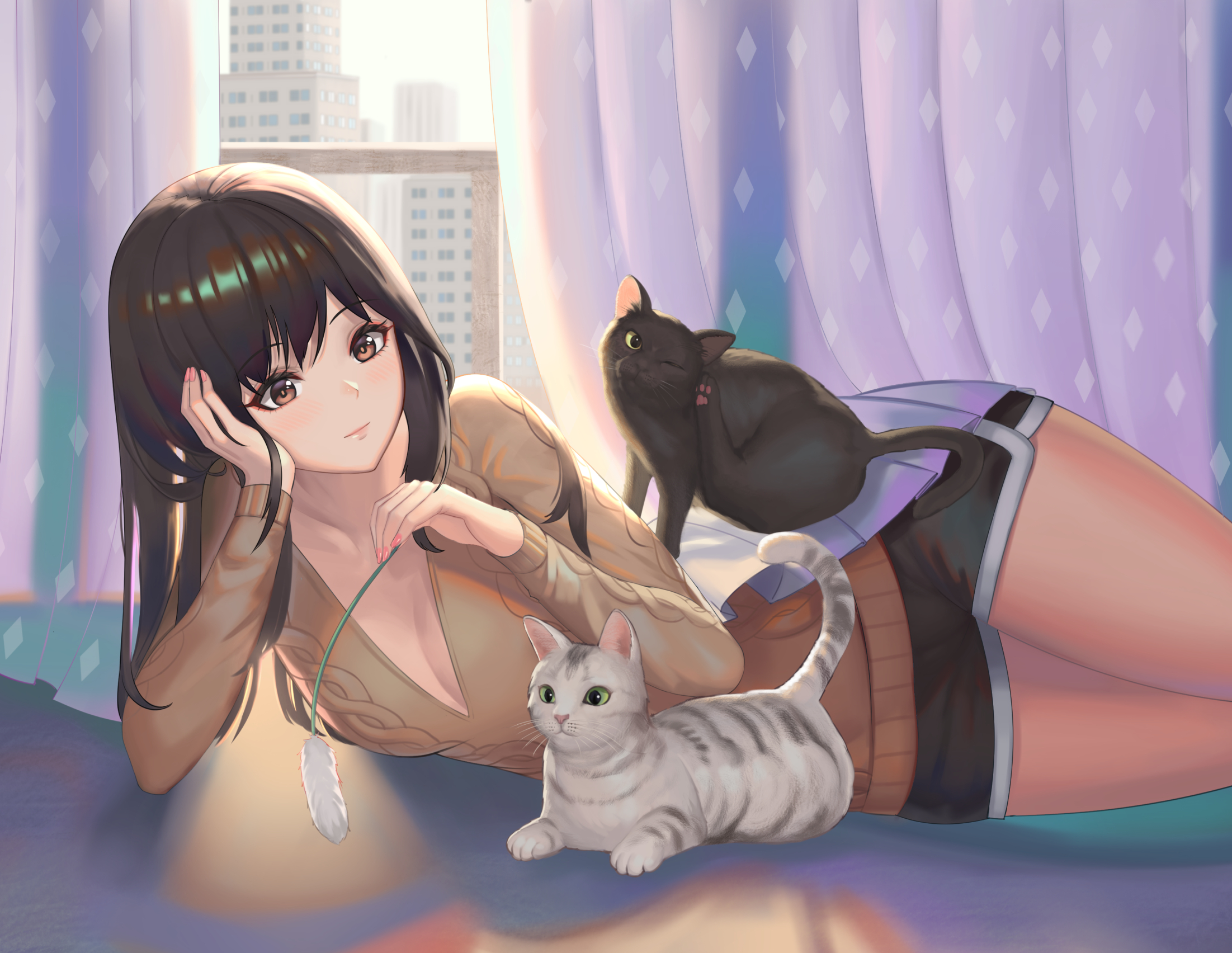 Cats Shorts Sweater Anime Girls Brunette Brown Eyes MoonAndMist 2203x1704