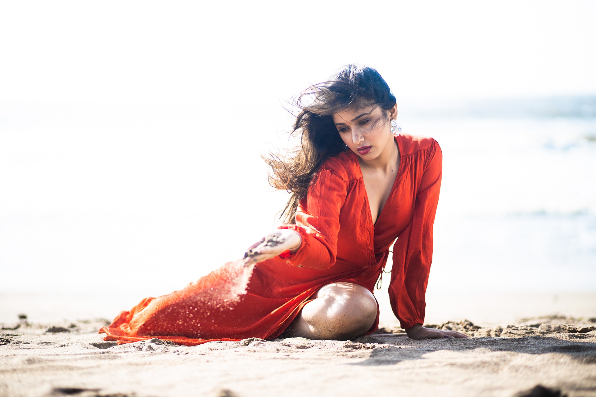 Model Women Bollywood Actresses Red Lipstick Orange Dress Women Outdoors Indian Model 1920x1280