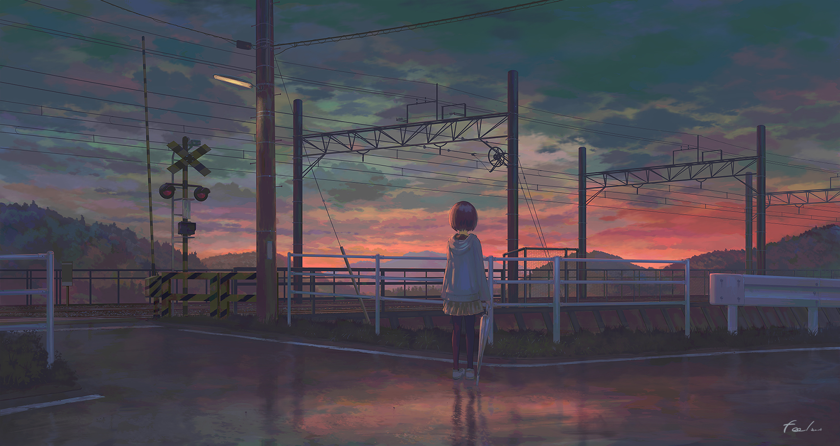 Anime Girls Landscape School Uniform Umbrella Sky Clouds Sunset Reflection Moescape Original Charact 1716x913
