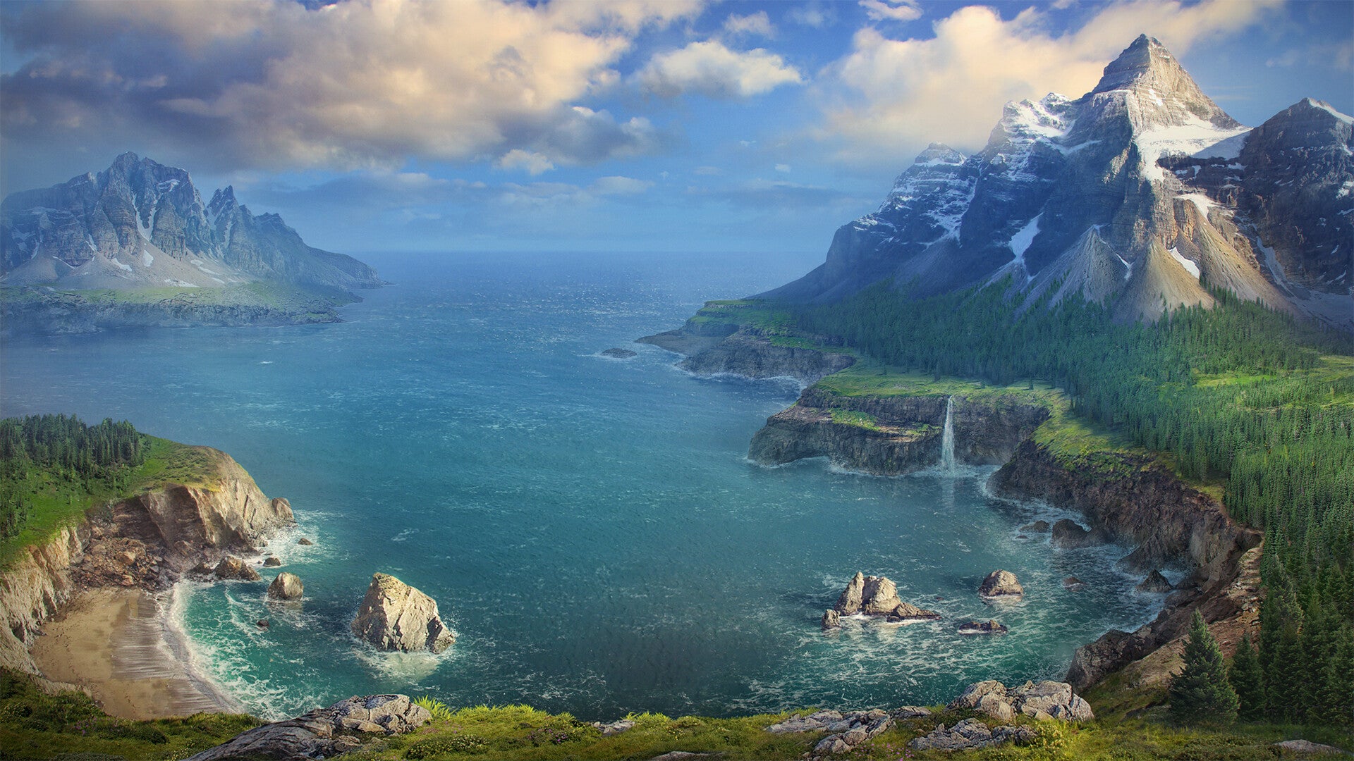 Artwork Digital Art Bay Mountains Sea Landscape Rocks 1920x1080