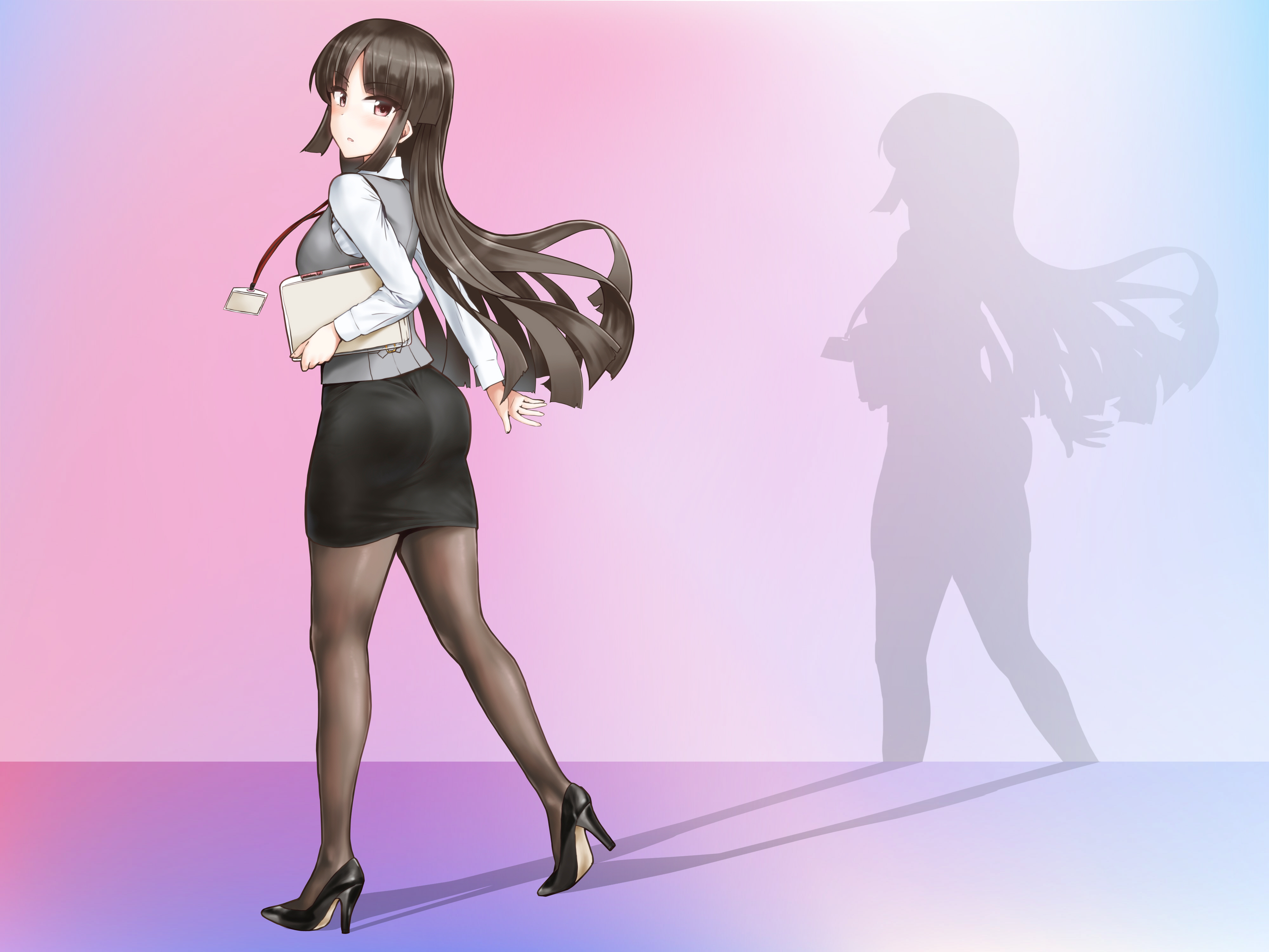 Office Girl Shadow Pumps Hair Uniform Brunette Anime Girls 4000x3000