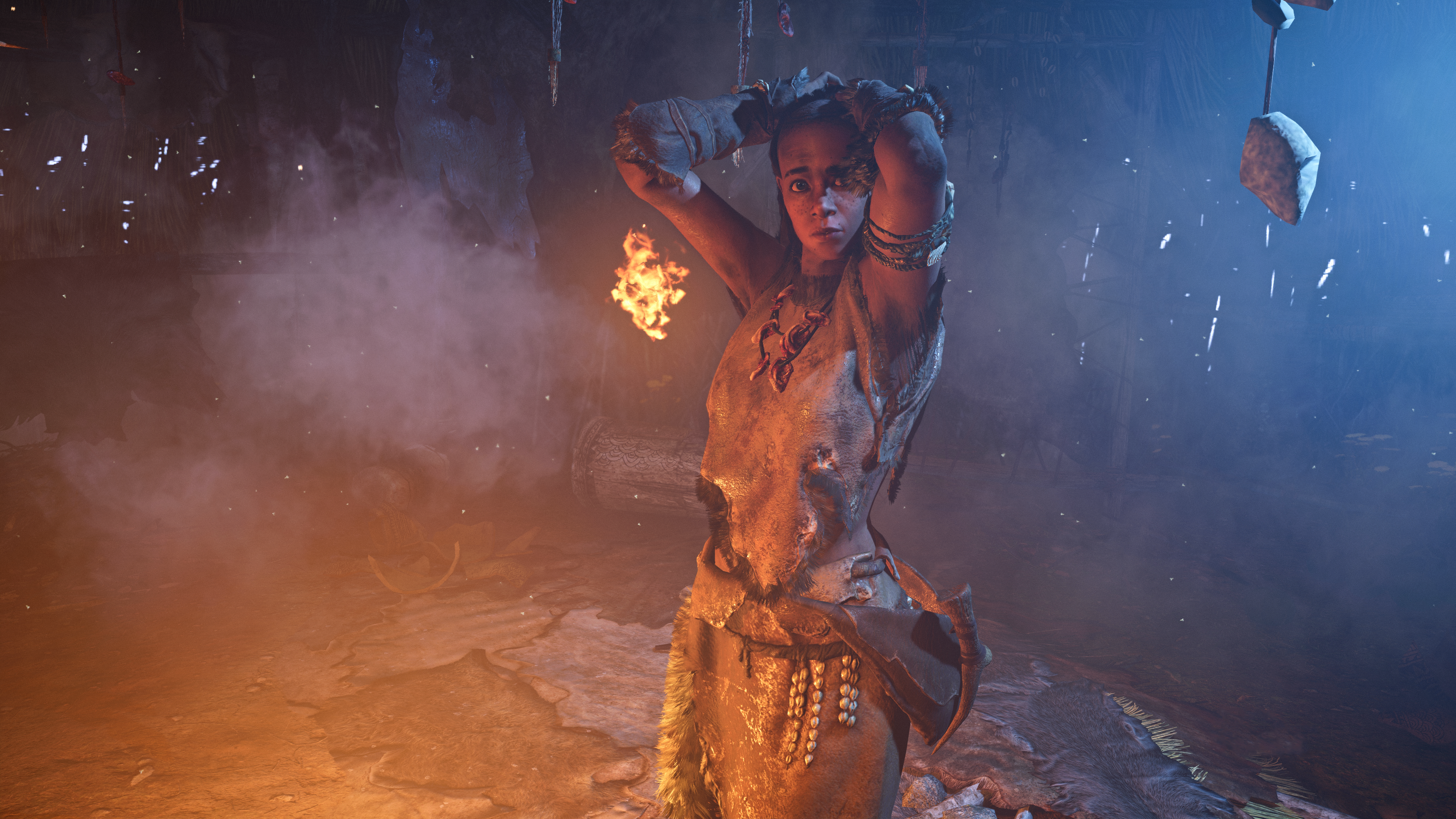 Far Cry Far Cry Primal Video Game Art Video Game Characters Fire Cinematic Bones Fur 3840x2160
