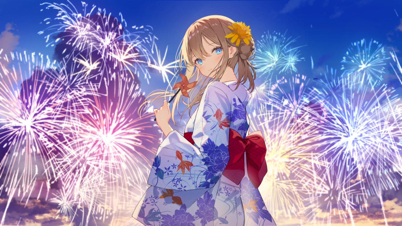 Anime Original Characters Anime Girls Ashima Japanese Clothes Yukata Brunette Blue Eyes Fireworks 1689x950