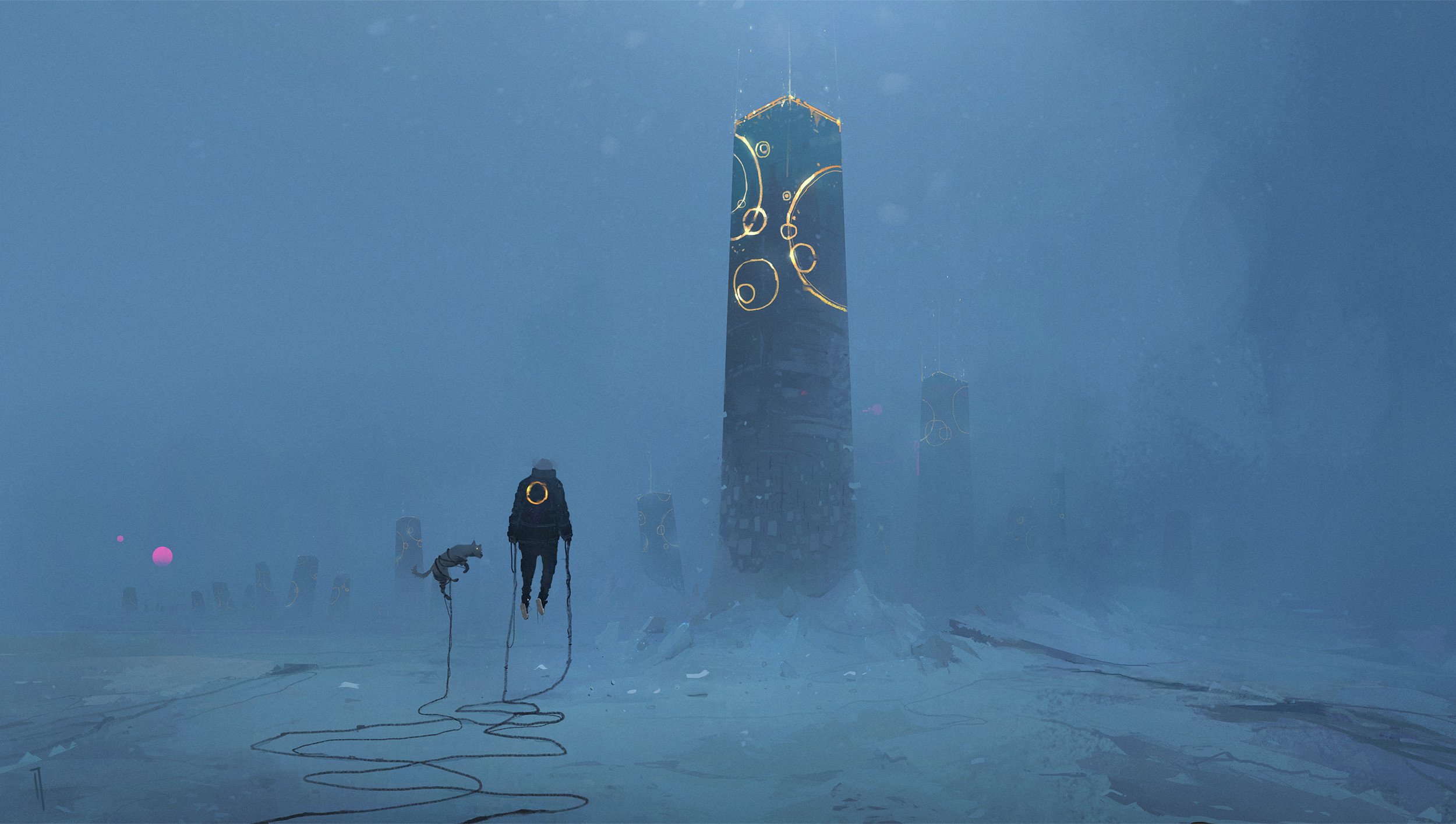 Cyberpunk Science Fiction Environment Dog Snow Gravity Digital Art Cable Monolith Ismail Inceoglu 2500x1414