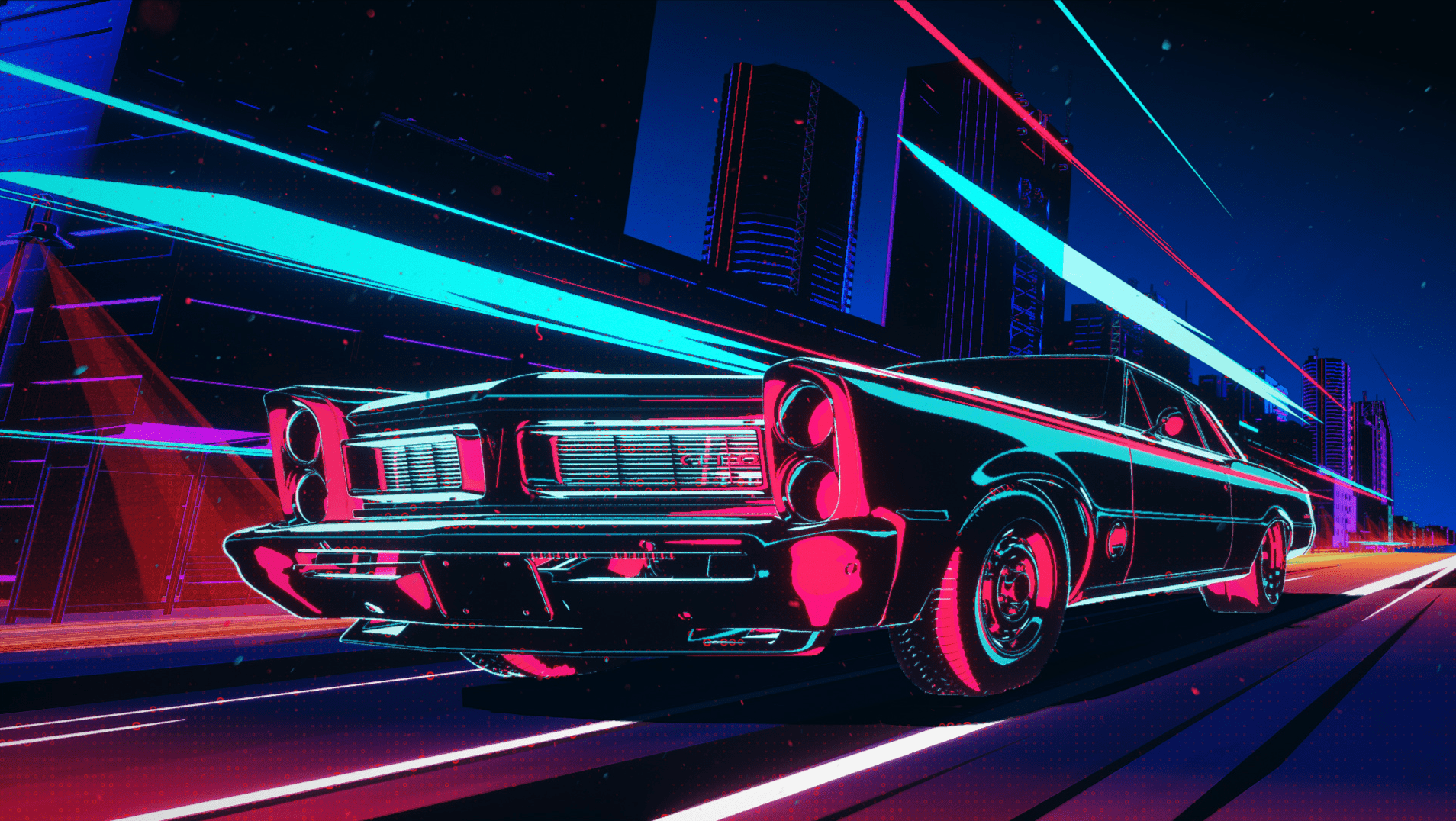 Pontiac Pontiac GTO Car Neon Cyberpunk Building Night Perspective Street Digital Art Artwork Colorfu 1908x1076