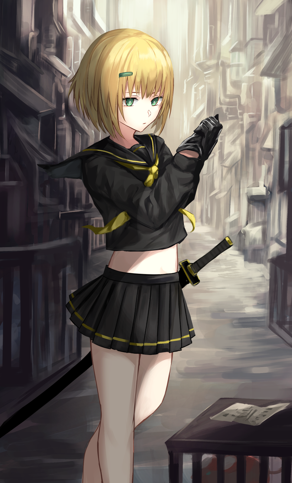 Anime Girls Short Hair Blonde Green Eyes Vertical Sol Kazami School Uniform Sword 965x1595