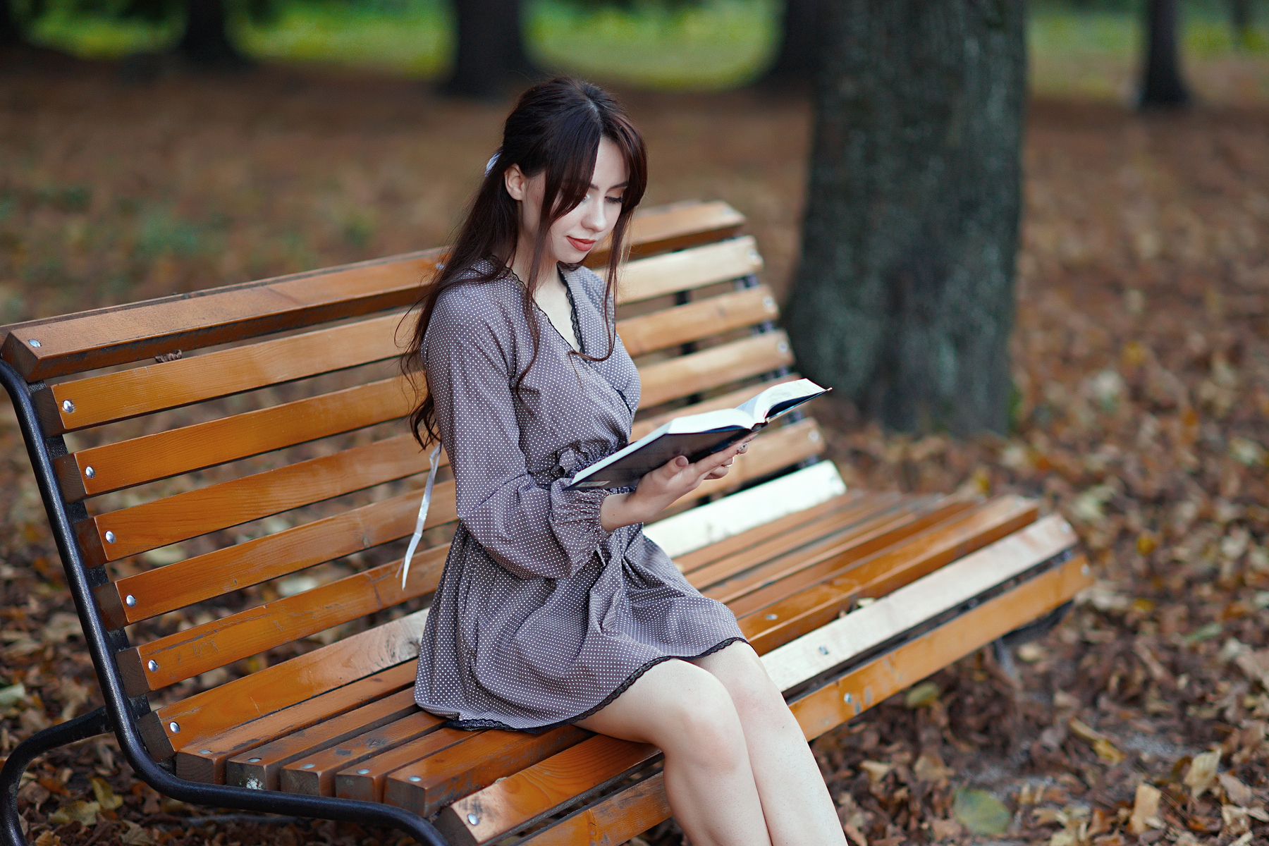 Women Model Brunette Long Hair Women Outdoors Reading Bench Books Fall Fallen Leaves Park Legs 1800x1200