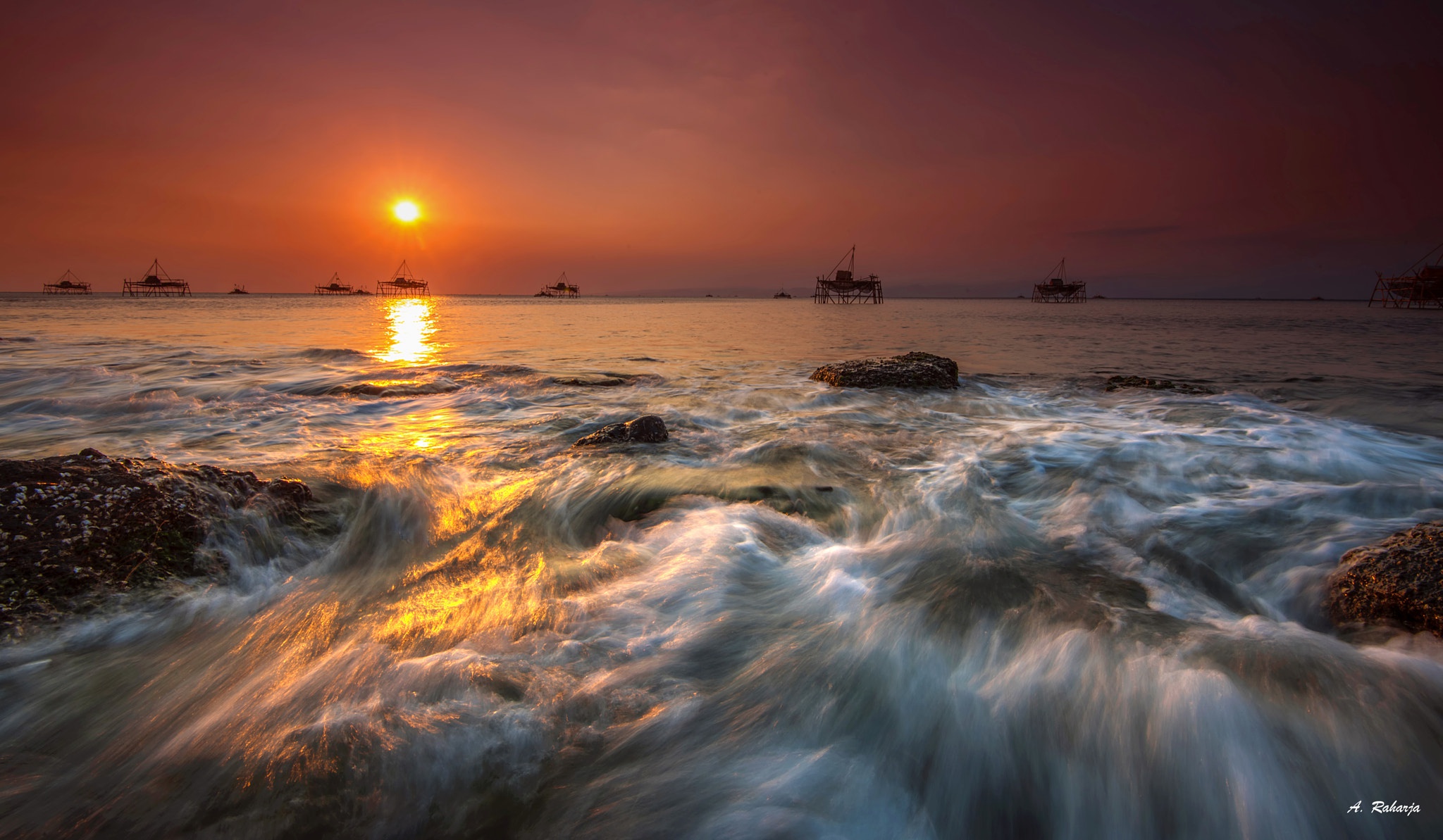 Indonesia Sea Sky Stone Sunset 2048x1193