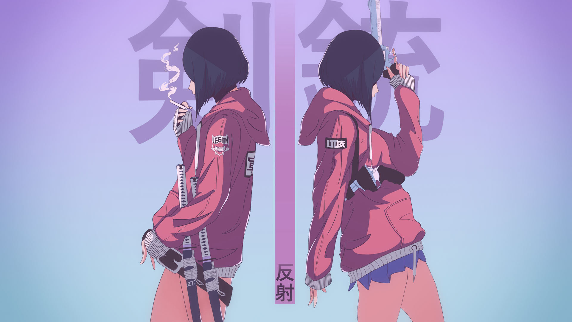 Anime Anime Girls Illustration Fan Art Minimalism Texture Katana Revolver Japanese Art Logo Futurist 1920x1080
