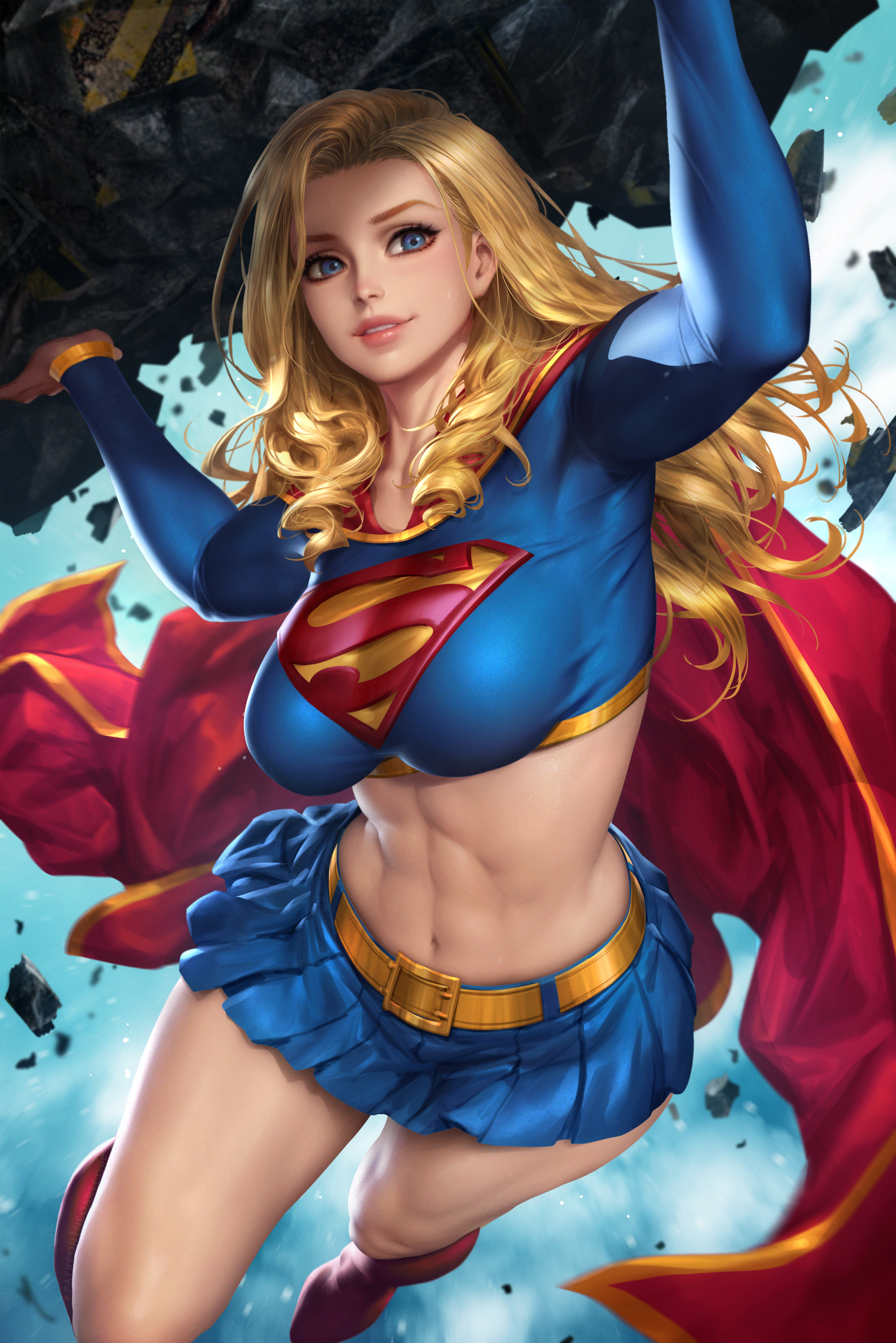 Supergirl DC Comics Superheroines Fantasy Girl Blonde Long Hair Blue Eyes Smiling Costumes Cape Fant 2400x3597