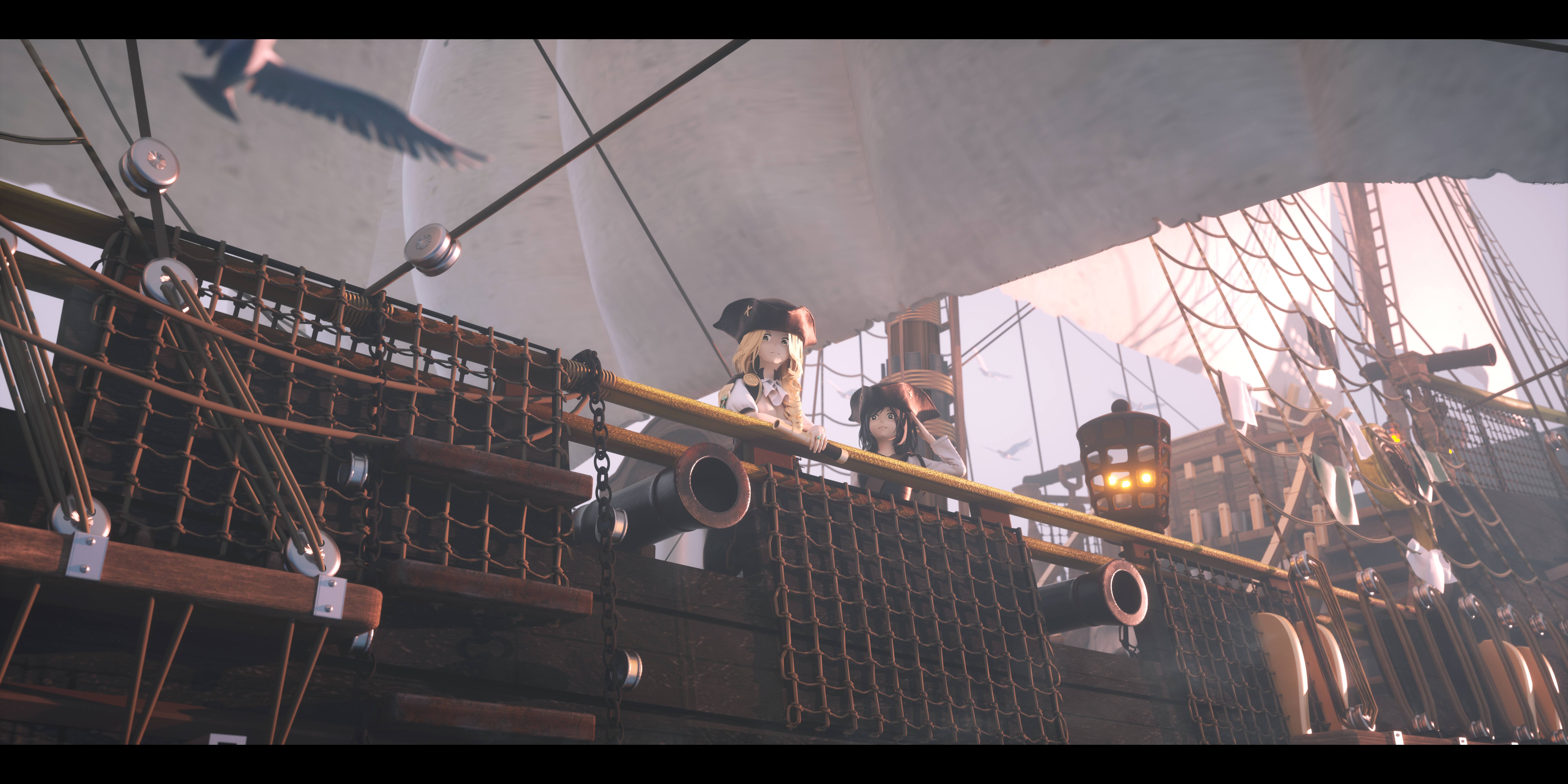 Bangeningmeng Anime Anime Girls Tricorne Cannons Rigging Ship Lantern Sailing Ship 8000x4000