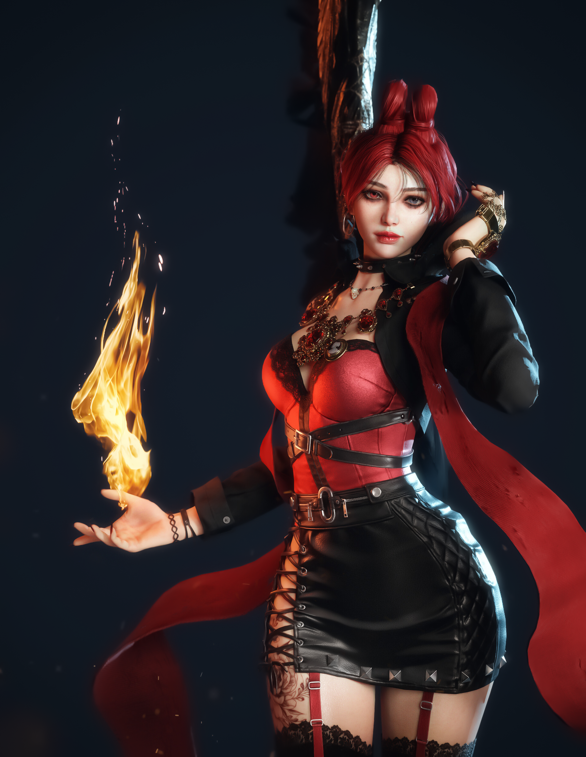 Yerim Kim CGi Women Redhead Red Clothing Black Clothing Lipstick Magician Fire Heterochromia 1920x2480