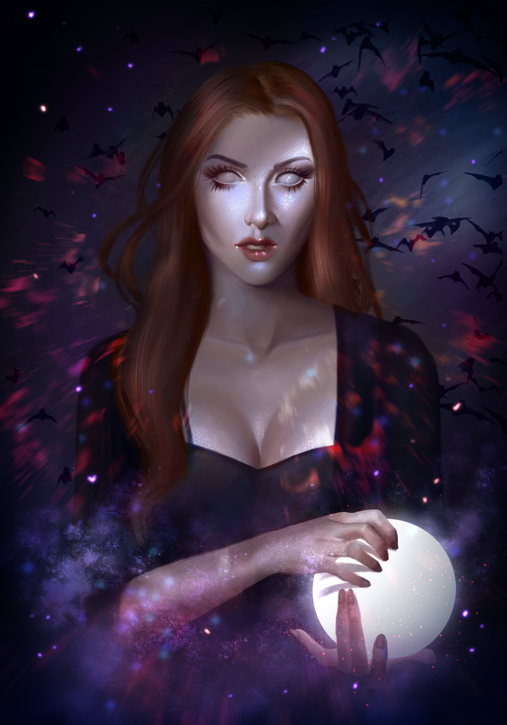 Emma Ronkainen Artwork Women Witch White Eyes Portrait Display Redhead Long Hair Bats Digital Painti 1668x2388