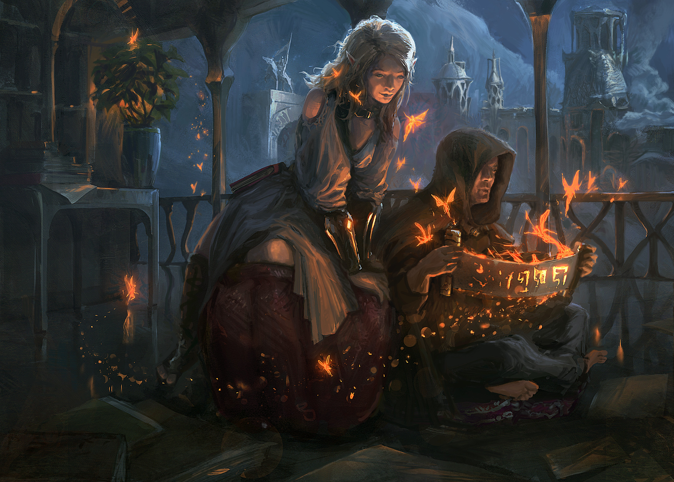 Efflam Mercier Fireflies Digital Art Digital Painting Fantasy Art Sitting Pointed Ears Drawing Scrol 2177x1555