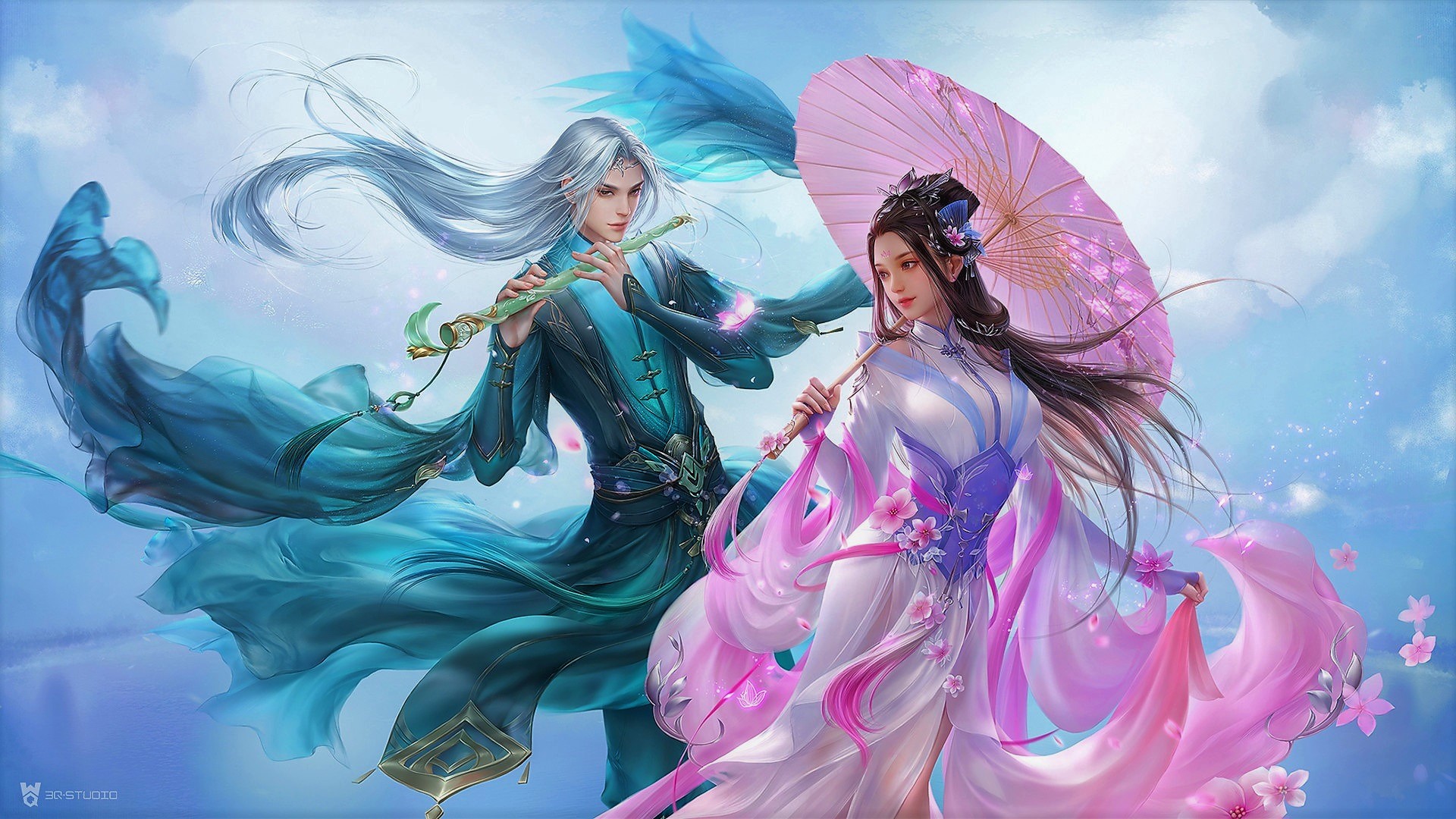 Asian Couple Dance Fantasy Flower Man Woman 1920x1080