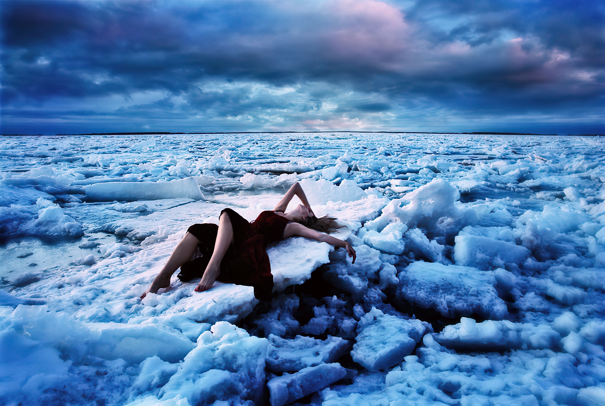 Women Ice Cold Winter Sea Frozen Water Sky Clouds Red Dress Photography Leah Johnston Laying On Back 2048x1374