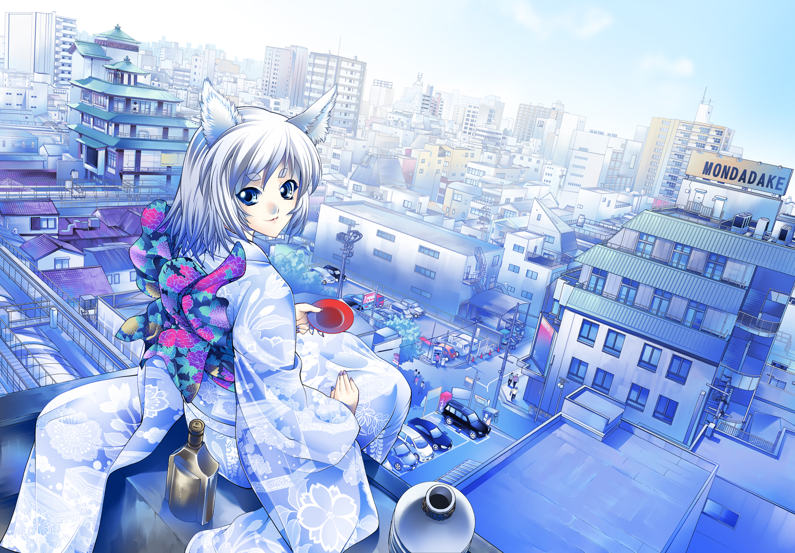 2D Artwork Anime Girls Animal Ears Silver Hair Japanese Clothes Kimono Blue Eyes Cityscape GEN 1600x1113