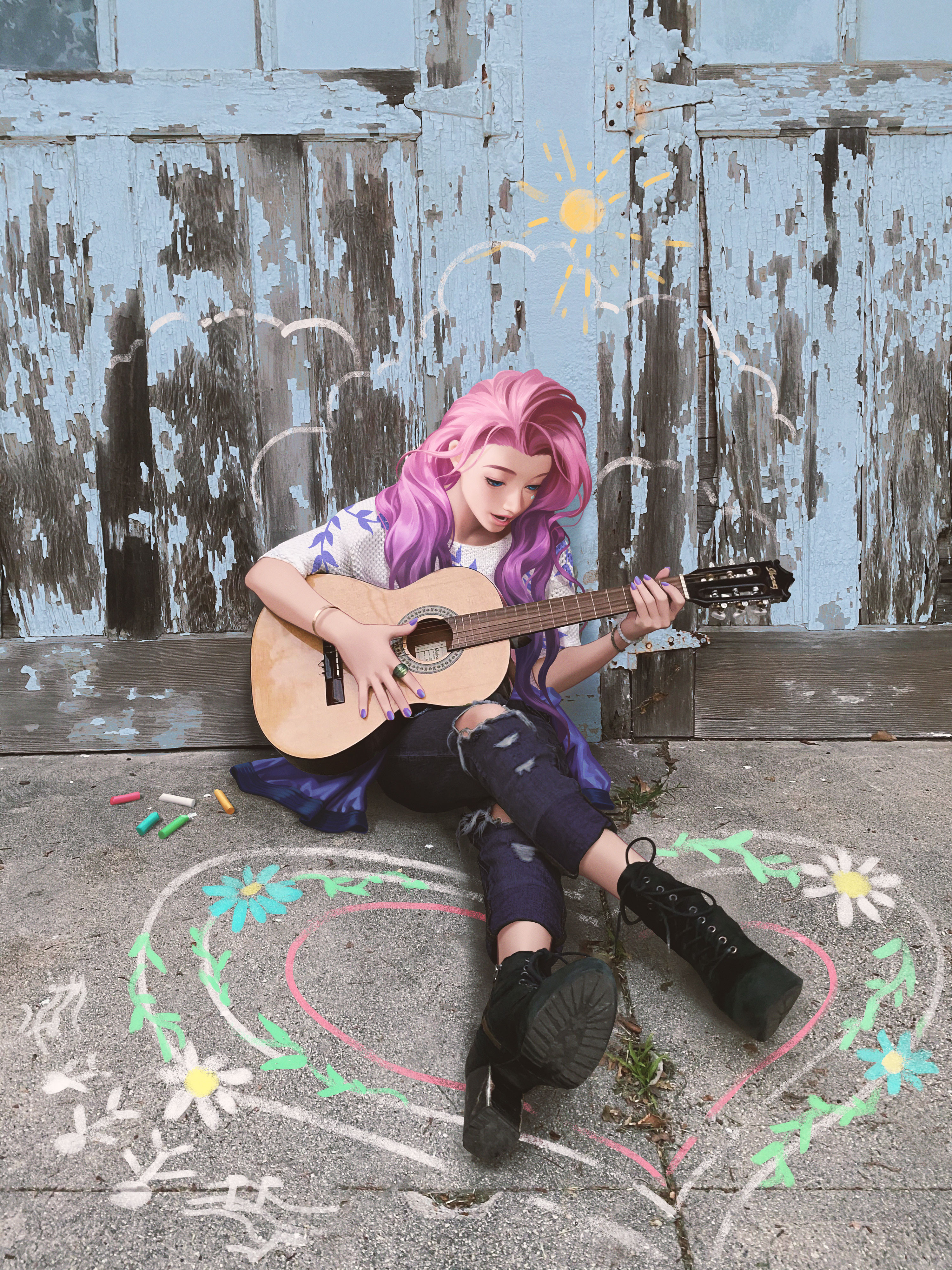 Anime Girls Artwork Digital Art Digital Painting Women Young Woman On The Ground Guitar On The Floor 3000x4000