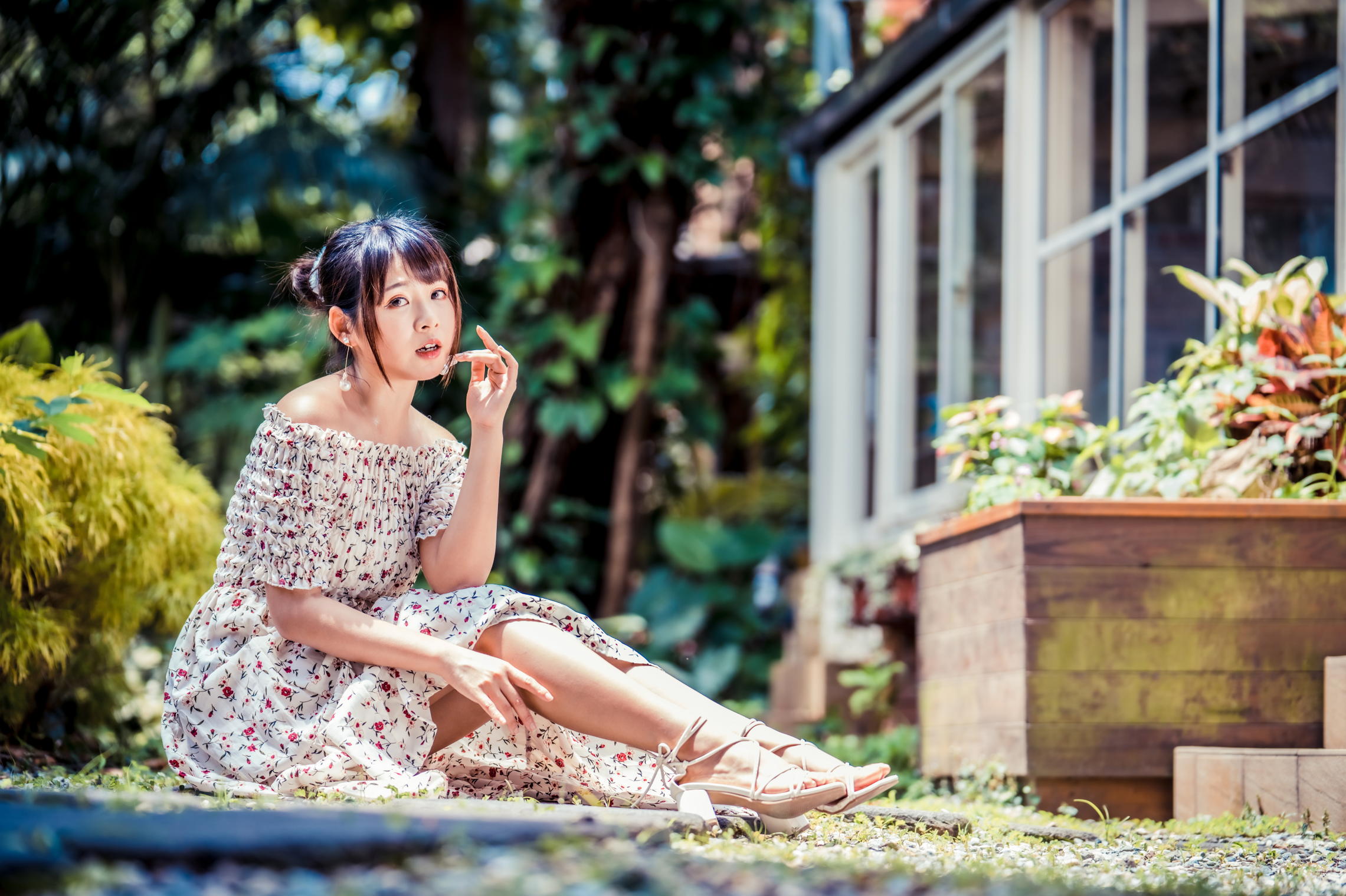 Asian Model Women Long Hair Dark Hair Depth Of Field Sitting Barefoot Sandal Flower Dress Trees Bush 2281x1520