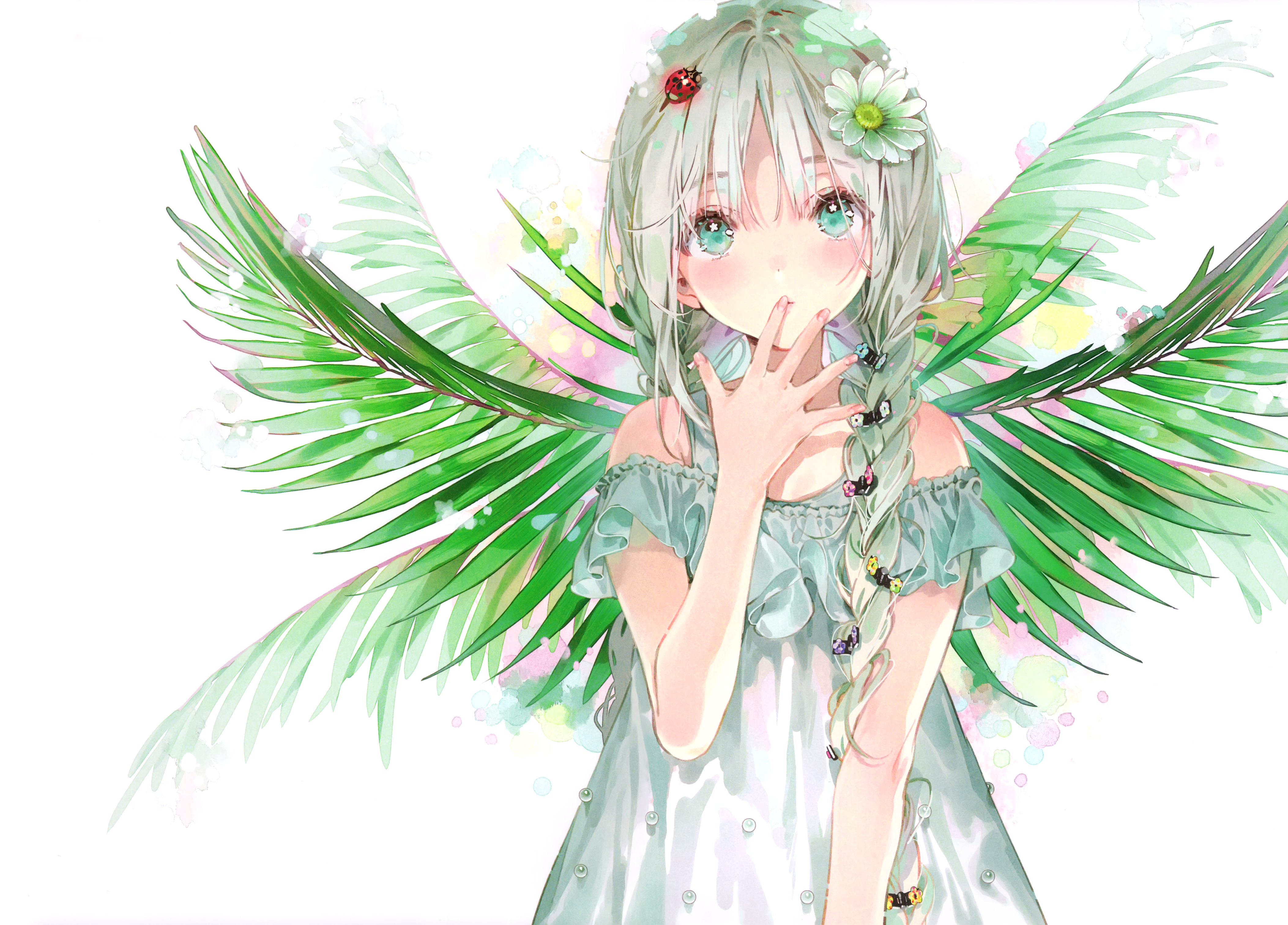 Anime Anime Girls Green Eyes Long Hair Flowers Blonde White Background Looking At Viewer Ladybugs Br 4210x3022