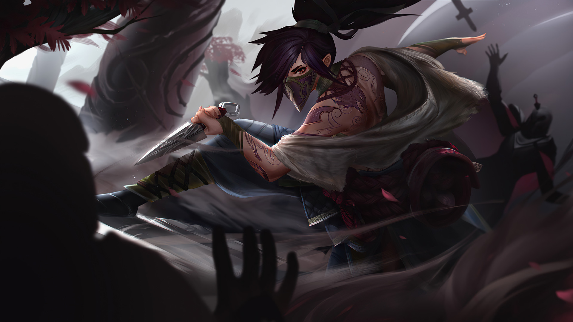 Akali Akali League Of Legends League Of Legends Ninja Girl Tattoo Mask Girl With Weapon Looking At V 1920x1080