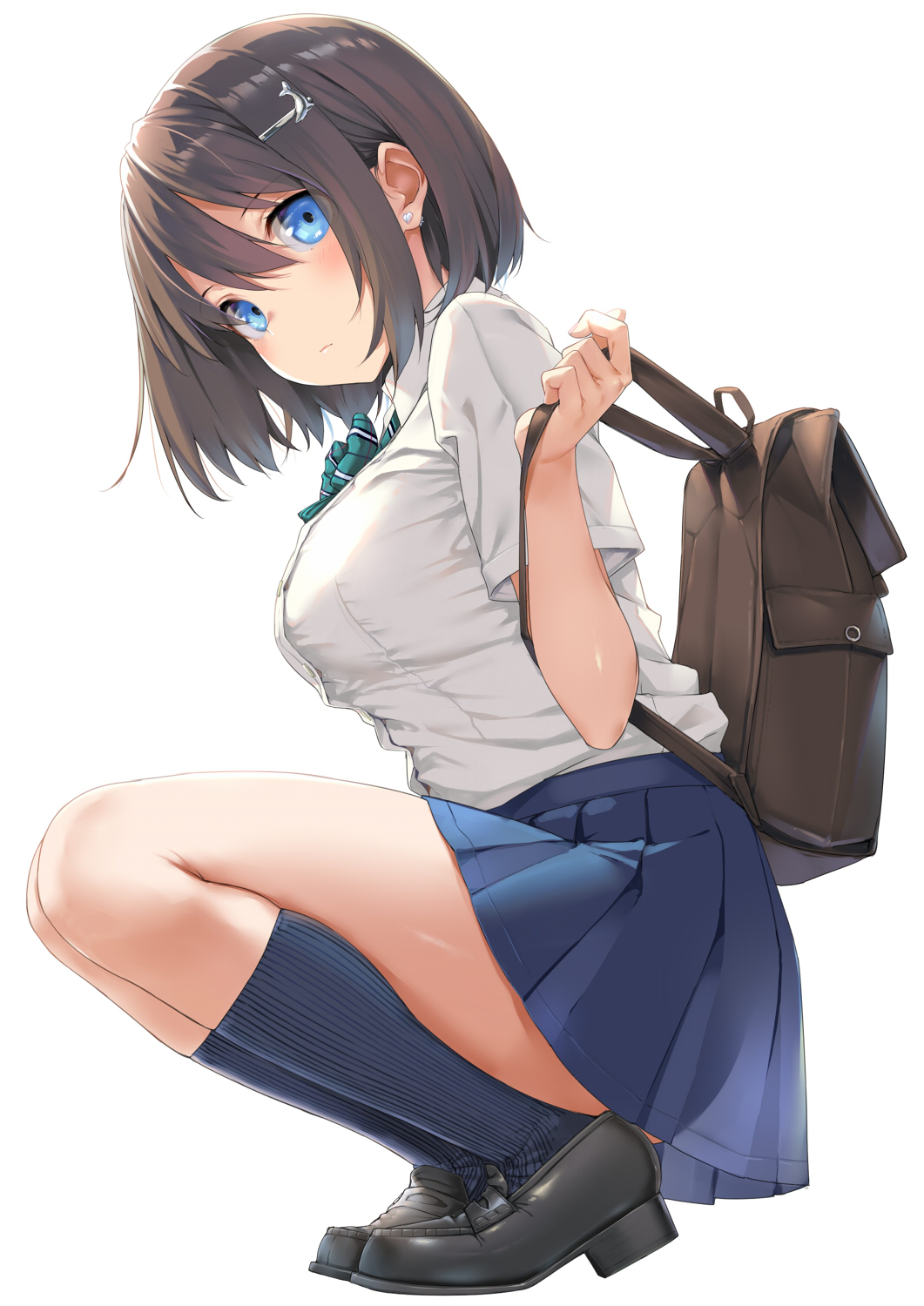 Anime Girls School Uniform Short Hair Brunette Blue Eyes Backpacks Takayaki 1061x1500