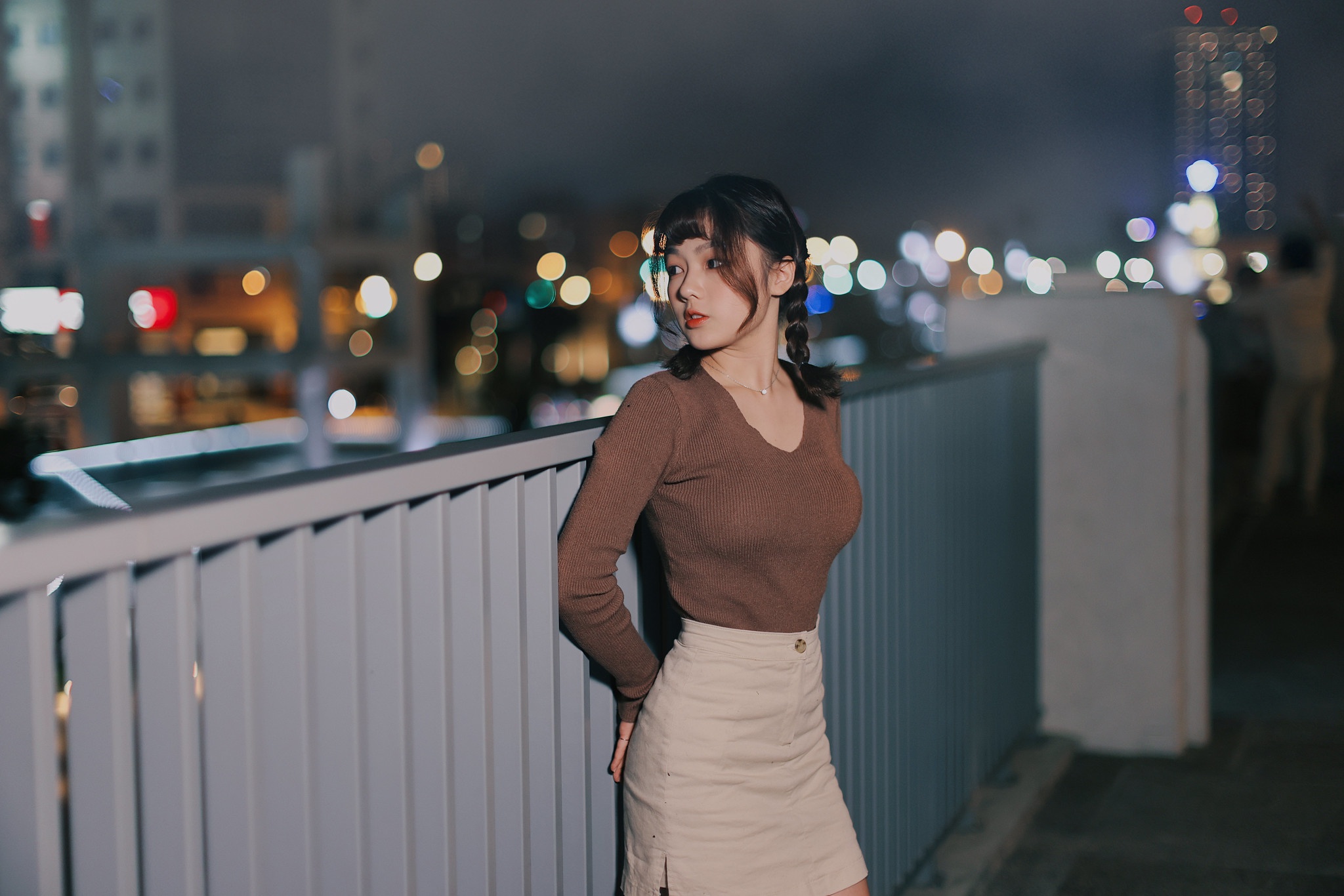 Asian Model Women Long Hair Brunette Brown Shirt Grey Skirt Leaning Railings Twintails Night Sky Dep 2048x1366