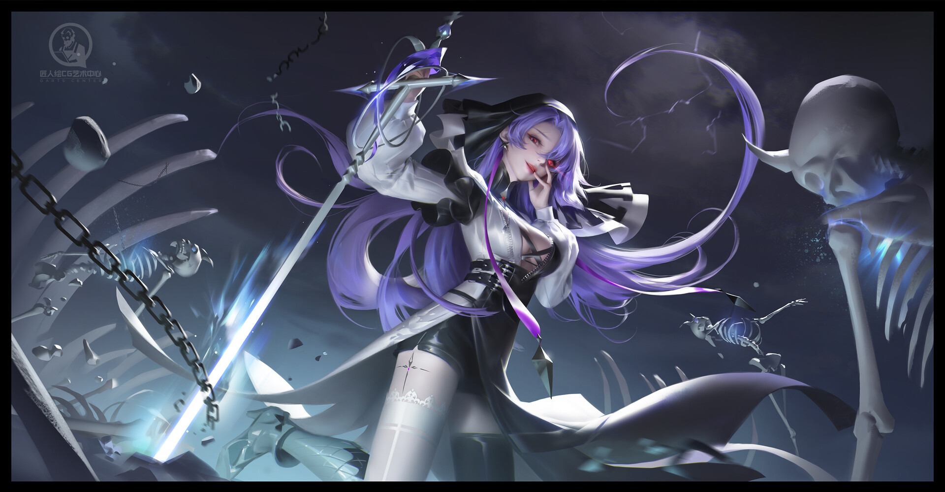 Yuanyuan Wang Anime Anime Girls ArtStation Looking At Viewer Standing Purple Hair Red Eyes Fantasy A 1920x999