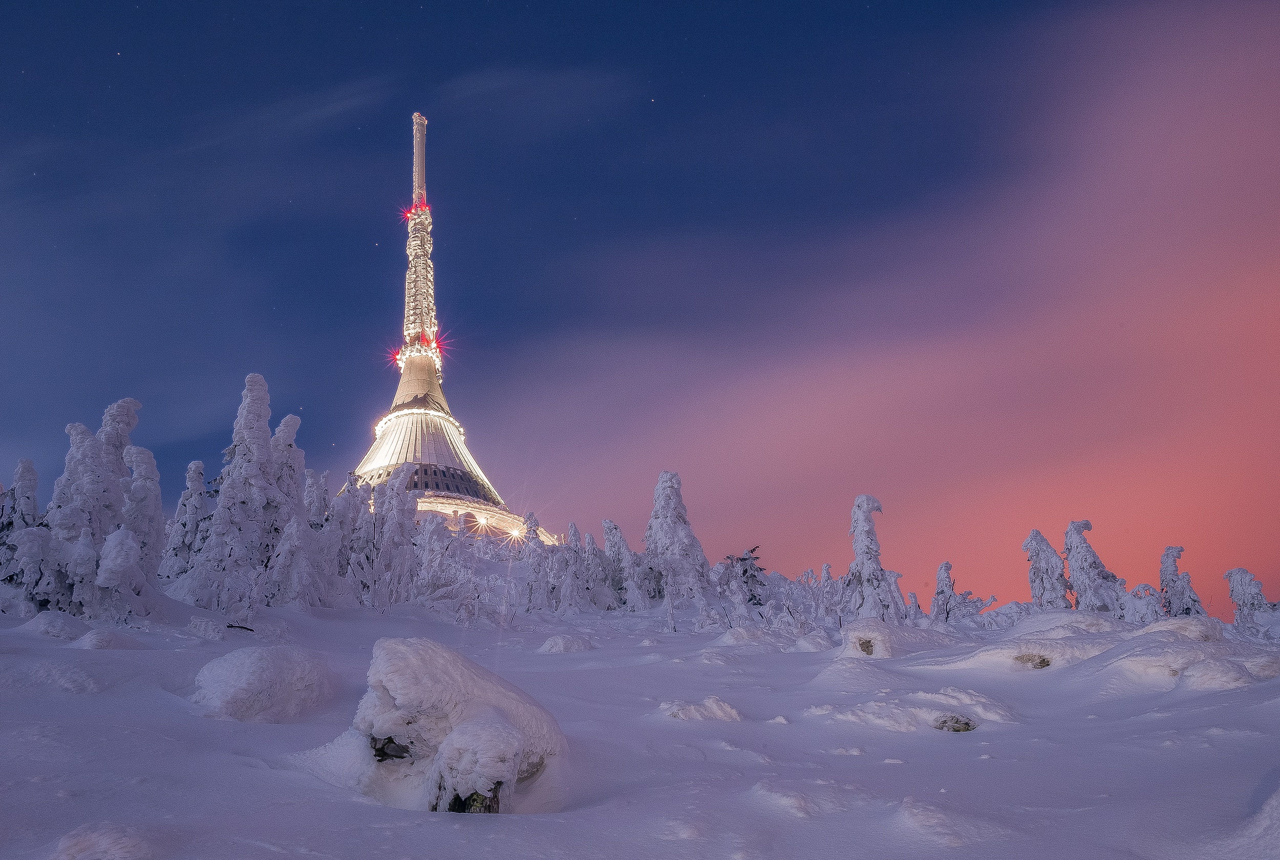 Czech Republic Winter Snow Building Trees Night Lights Sky Clouds Nature Landscape 2500x1680